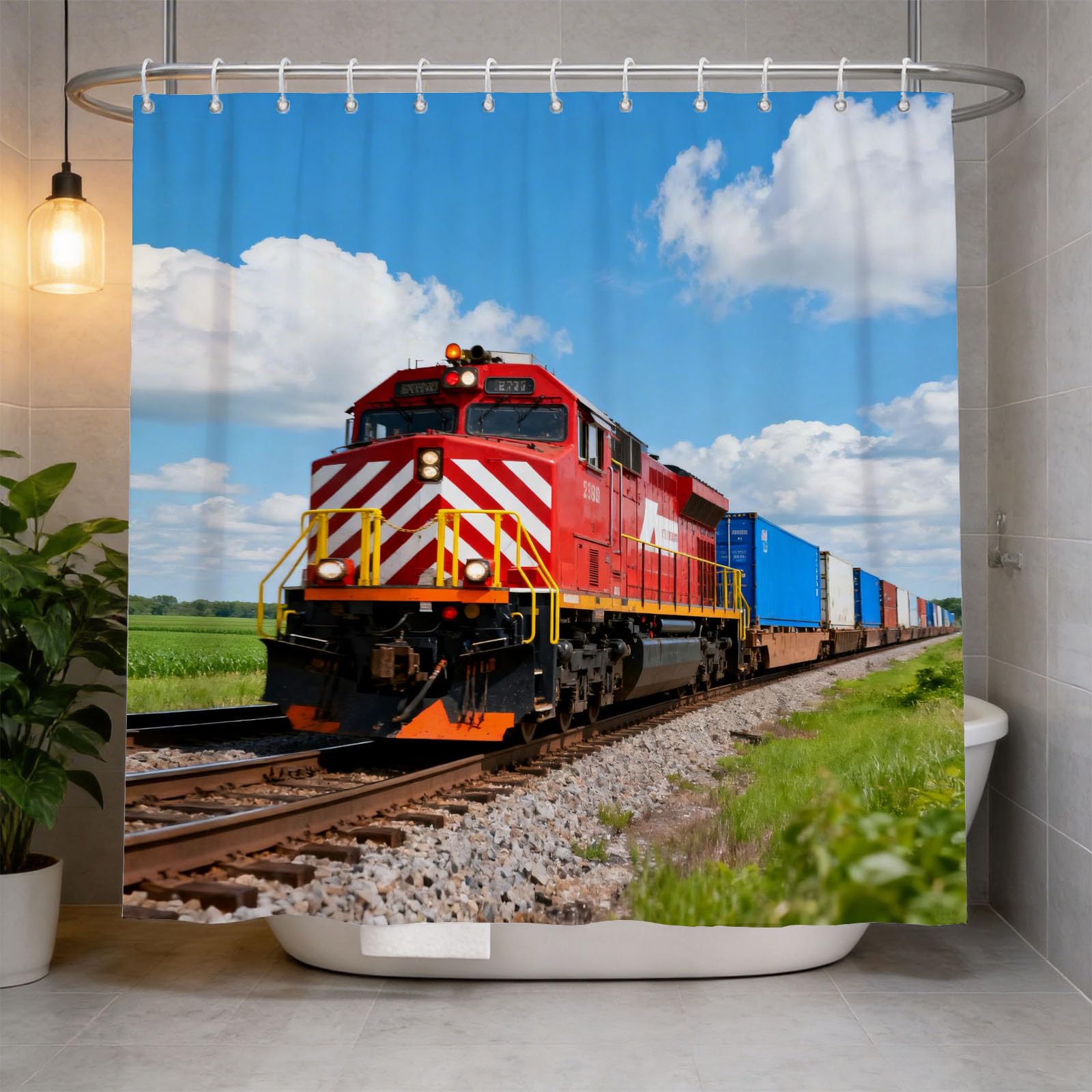 Hongduo 3D Railway Transportation Shower Curtain for Stalls Bathtubs Industrial Machinery Bathroom Decor Shower Curtain Set Polyester Fabric Waterproof 180x180cm/71X71 Inch with Hooks