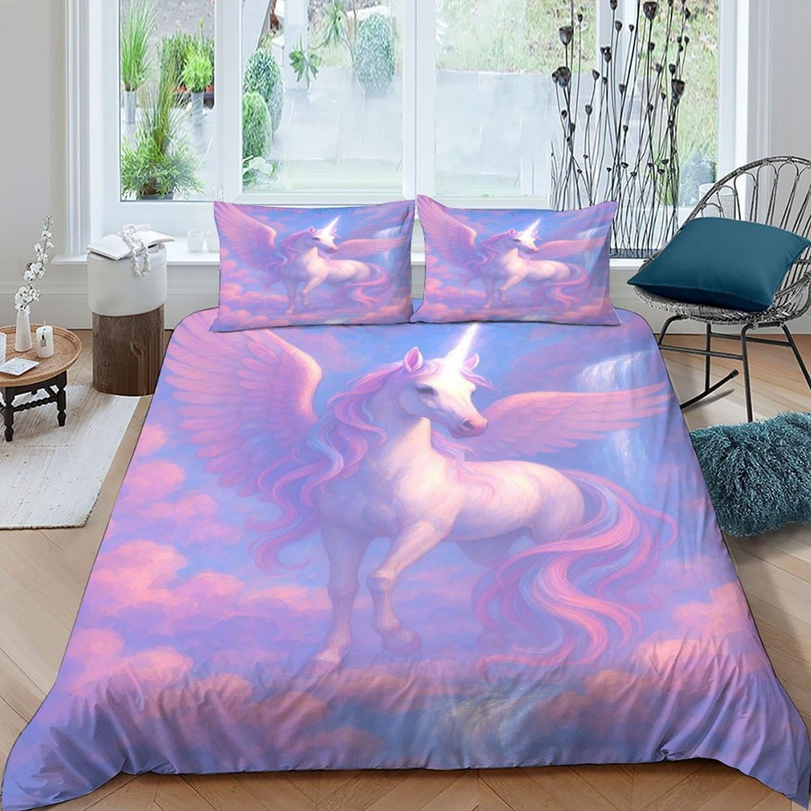 Parure de lit licorne 3D en microfibre respirante avec fermeture éclair King