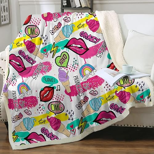 Miniatura 7 de Sleepwish Bonita manta divertida de comida, cono de helado con chispas, manta decorativa ligera de forro polar para sofá, cama, sofá, viajes, manta