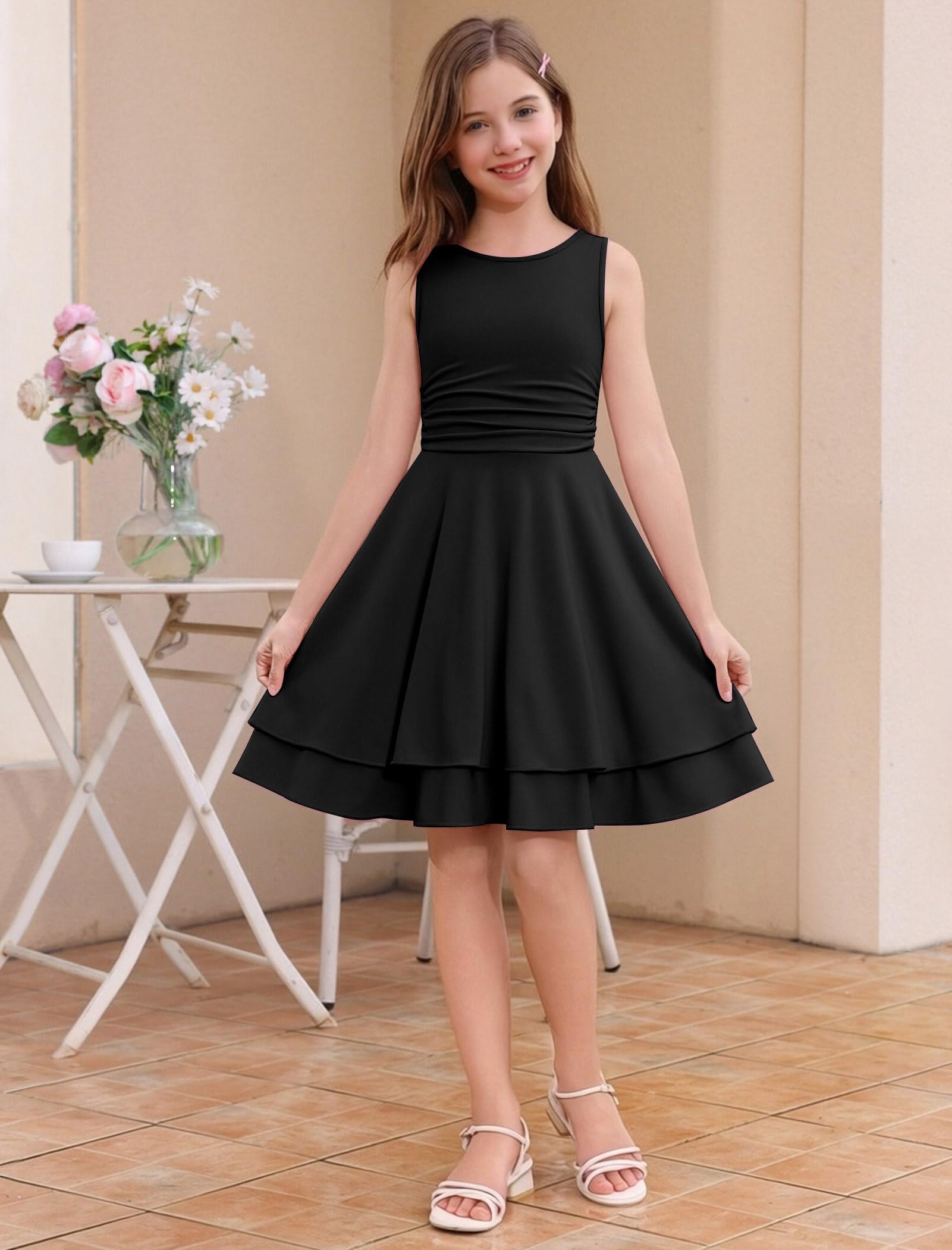 IBTOM Castle Ärmelloses Kleid für Mädchen, gerüschte Taille, Rüschen, Sommer, Ostern, Tanz, 9–15 Jahre
