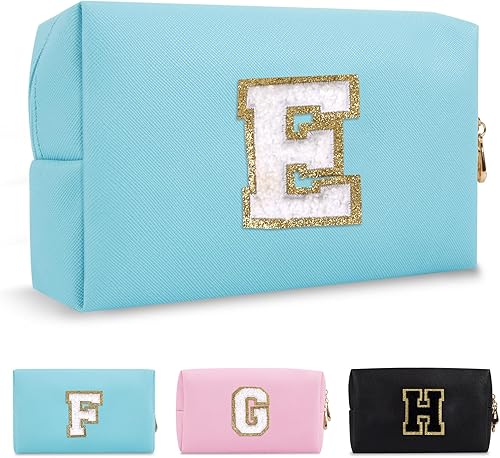 Bolsa de maquillaje personalizada con inicial A-Z, pequeña bolsa de cosméticos de viaje de piel sintética con cremallera, bonita bolsa de aseo