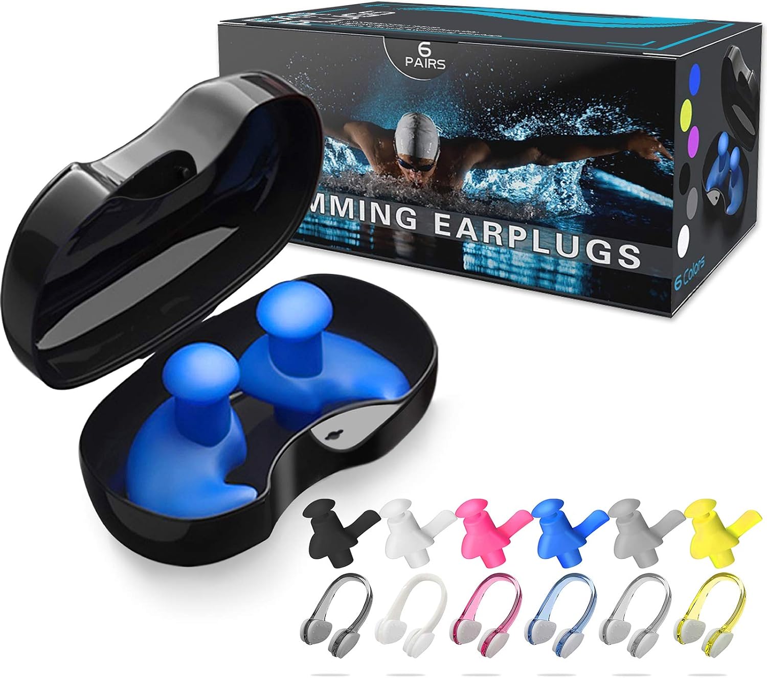 Swimming Ear Plugs, 6 Pairs Reusable Silicone Ear Plugs with 6 Pairs Nose Clips, Professional Waterproof Fit Ergonomics Gel Ear Protection for Adults and Kids, for Showering Bathing Surfing Snorkeling