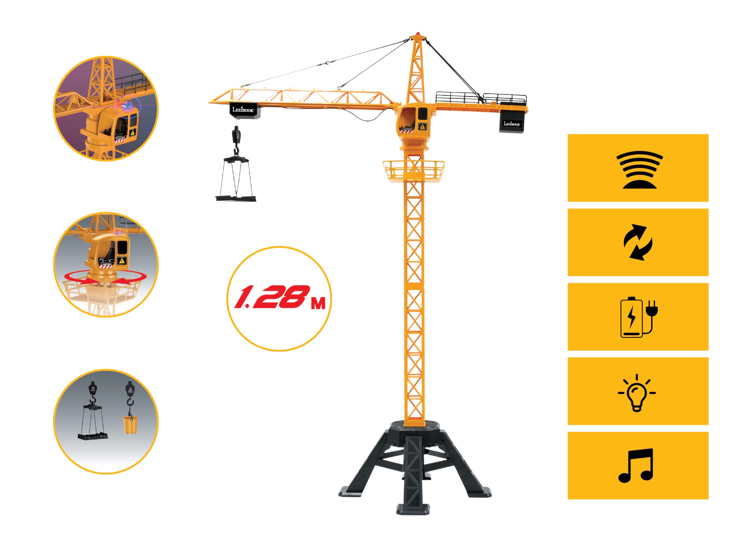 Lexibook, Crosslander® Pro, Gru RC, Gru gigante telecomandata, Altezza 1,28 m, Solleva fino a 500g, Multidirezionale, Effetti sonori e luminosi, Gialla, RCP35