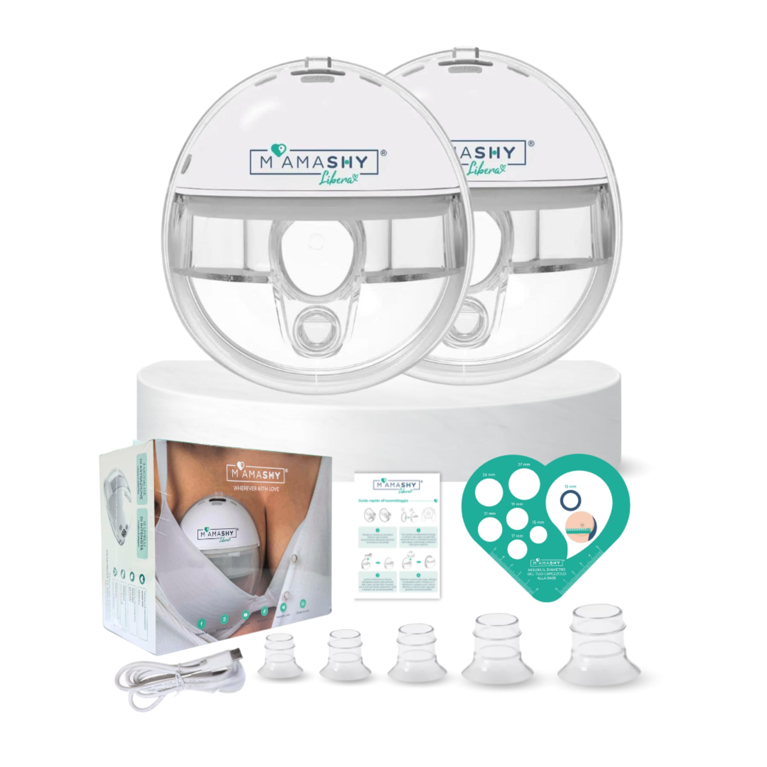 MAMASHY Libera – 2 Tiralatte Elettrico Portatile e Silenzioso con 6 Taglie, Ricaricabile USB‑C, 5 Adattatori Silicone BPA‑Free, Perfetto per Allattamento Neonati, Accessori Inclusi