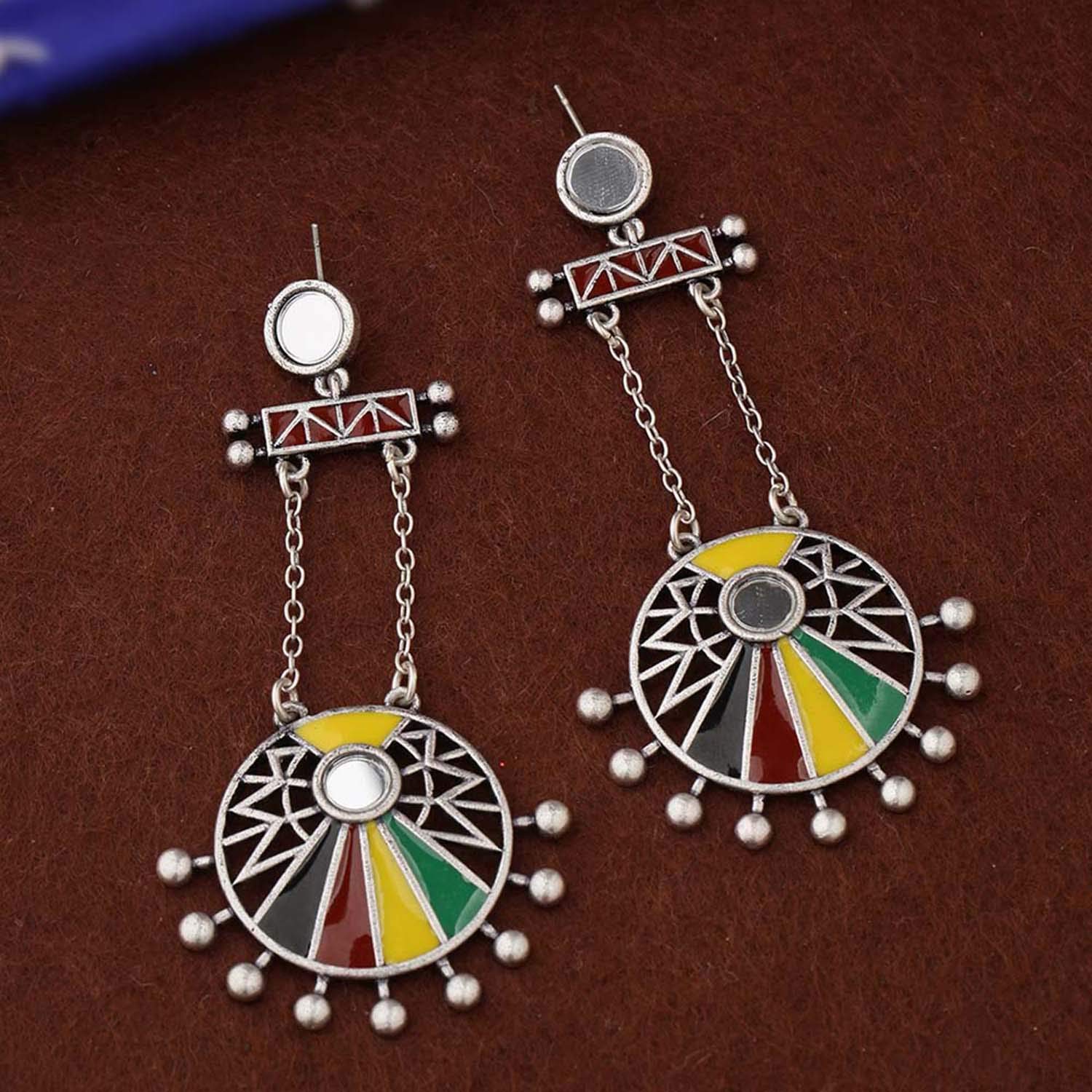 Brass Oxidised Colorful Circles Long Drop Earrings, Statement Style