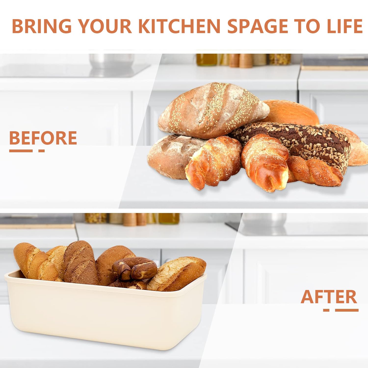 Angju Bread Box With Bamboo Wood Cutting Board Lid & Bread Slicer Holder, Rectangular Cream Color Bread Container For Kitchen Countertop, 40.5 * 21 * 13cm, Bread Storage Container