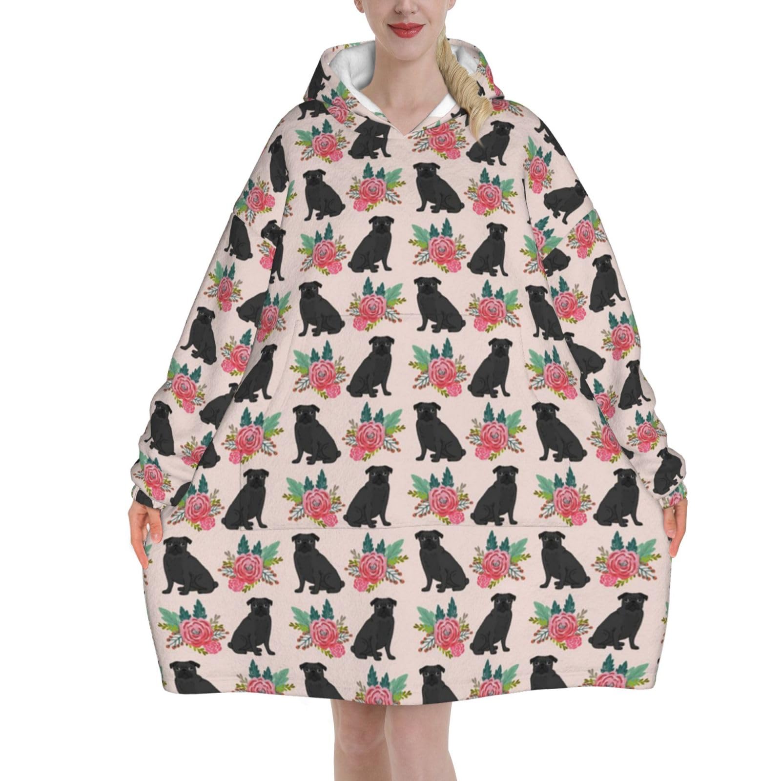 Oversized Women's Wearable Blanket Hoodie, Flannel Pullover Blanket, Blanket Sweatshirt Black Pug Florals Black Pug Flowers Design Cute Dogs Design Best Pug Dog