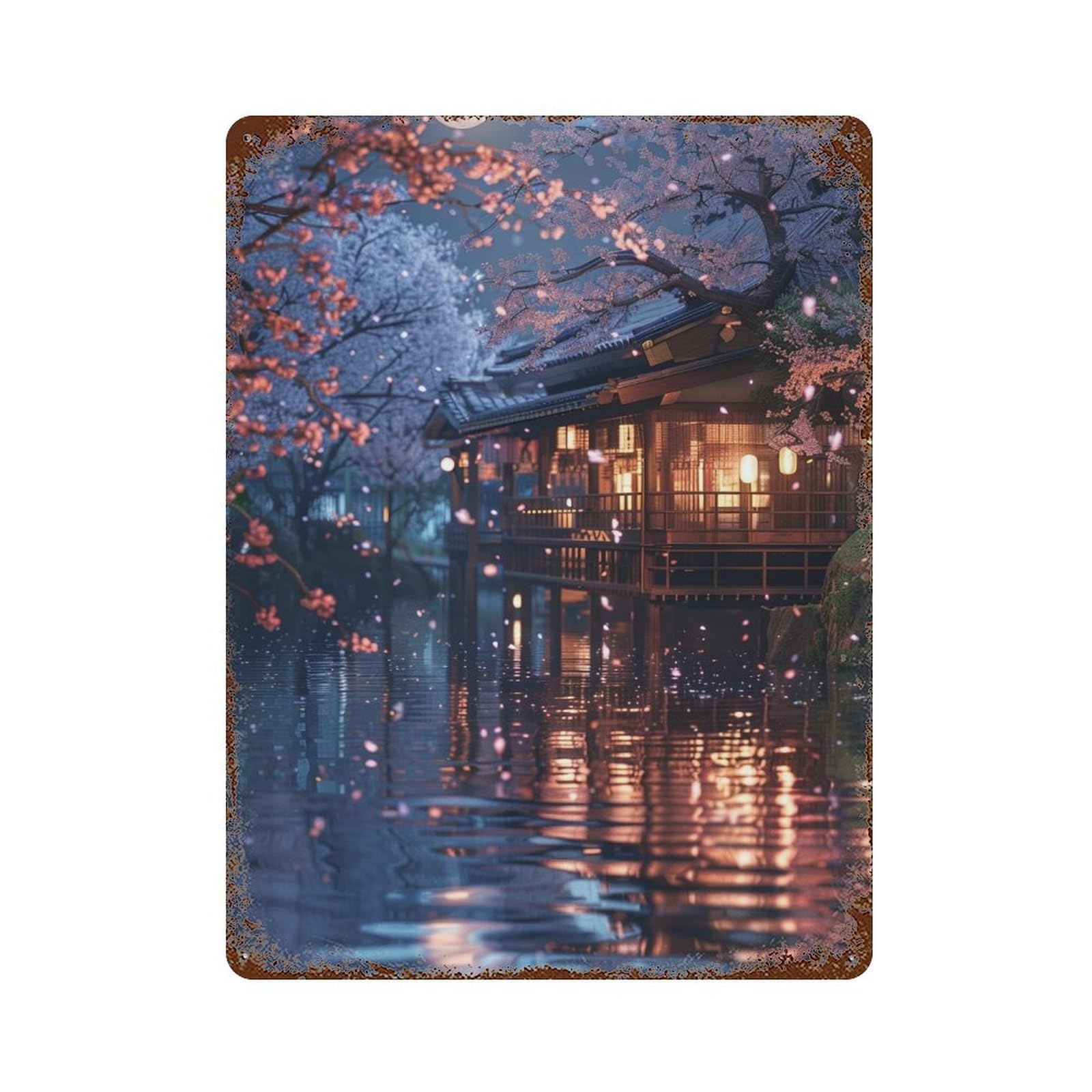 Cherry Blossom Reflections Decorative Tin Sign 15.7"x11.8", Retro Wall Decor for Living Room, Hallway And Home Decor