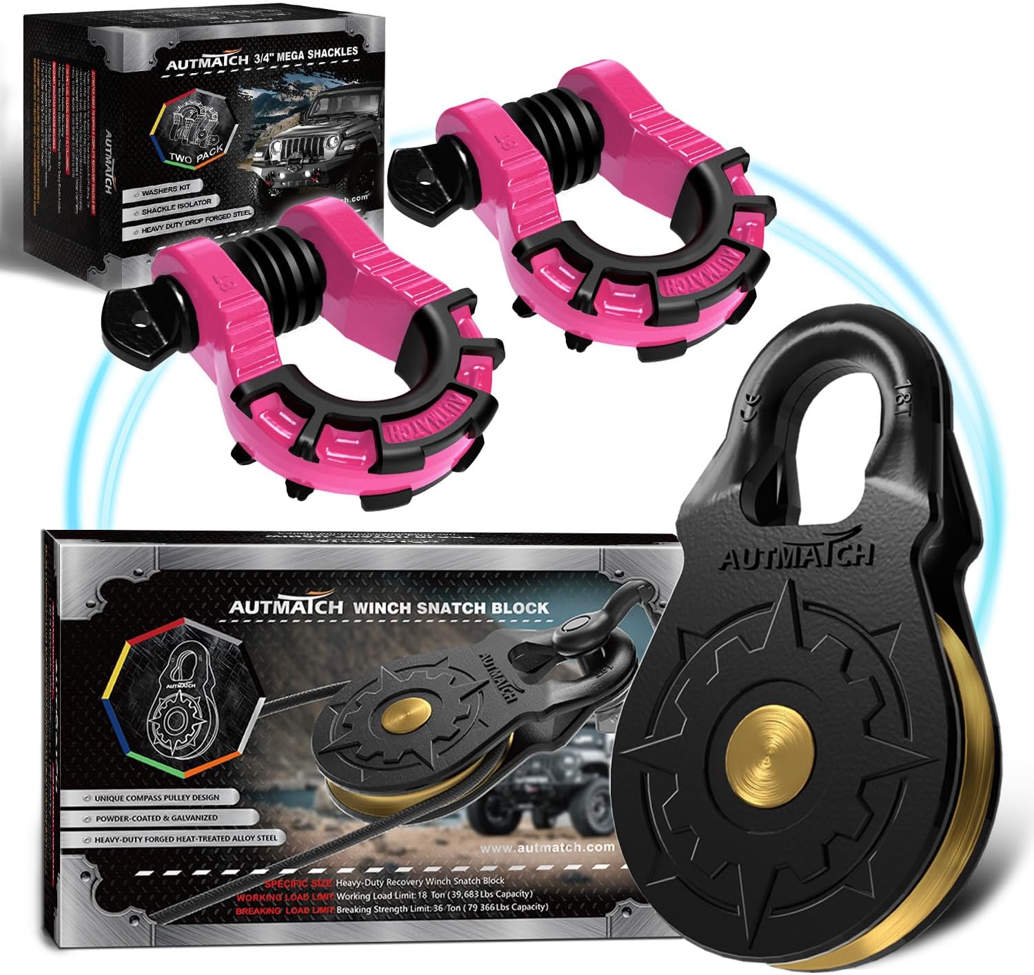 AUTMATCH Mega Shackles 3/4" with Winch Snatch Block Pulley 18 Ton, Max 79,366Lbs Break Strength, Heavy Duty Off Road Recovery Towing Pulley Blocks Winch Rope, ATV, UTV, Truck, Pink