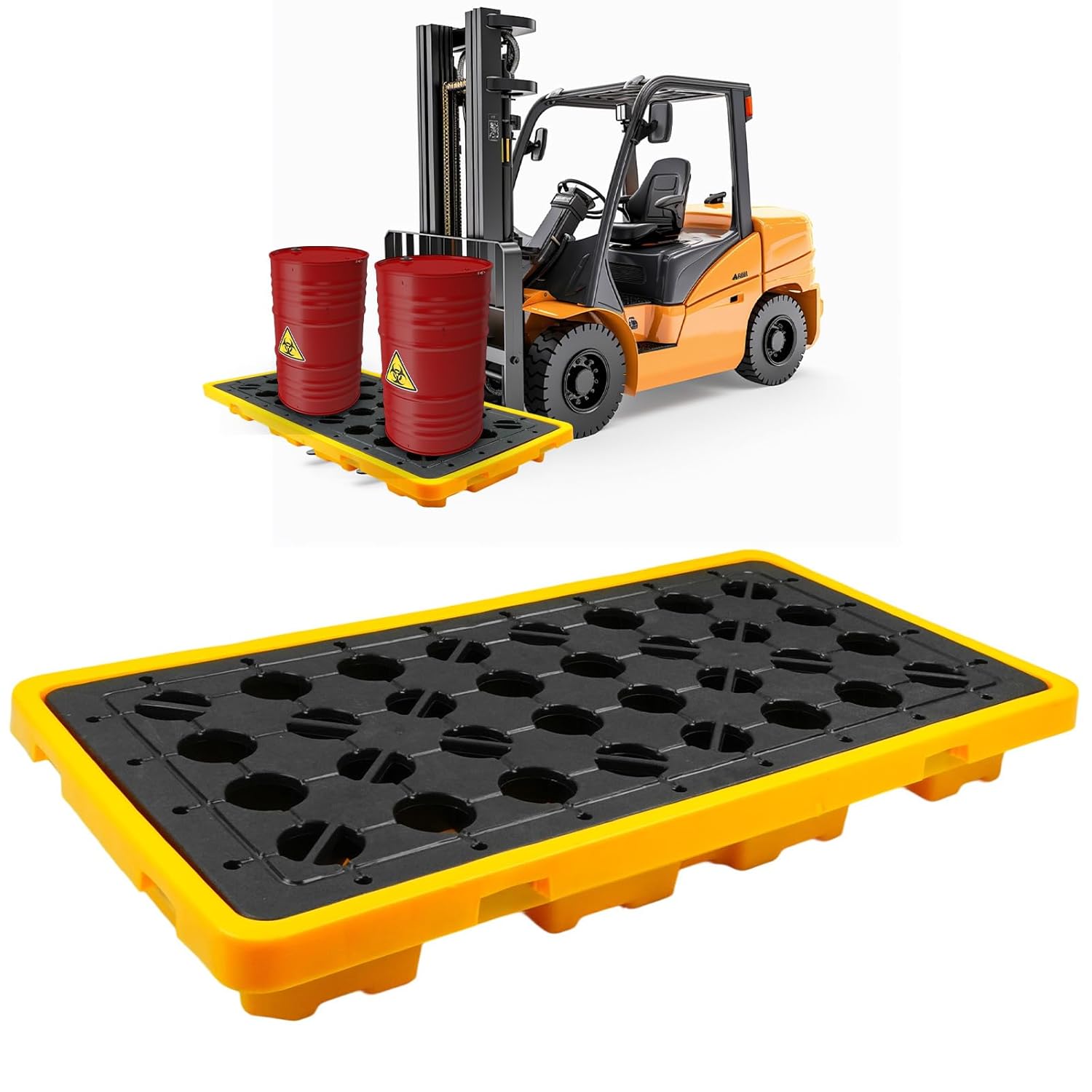2 Drum Spill Containment Platform with Grating, 51.2"×26.8"×6", Spill Platform with Drain Outlet, Static Load Capacity 4000 LBS, for Indoor and Outdoor, Garage Basement Storage of Goods.