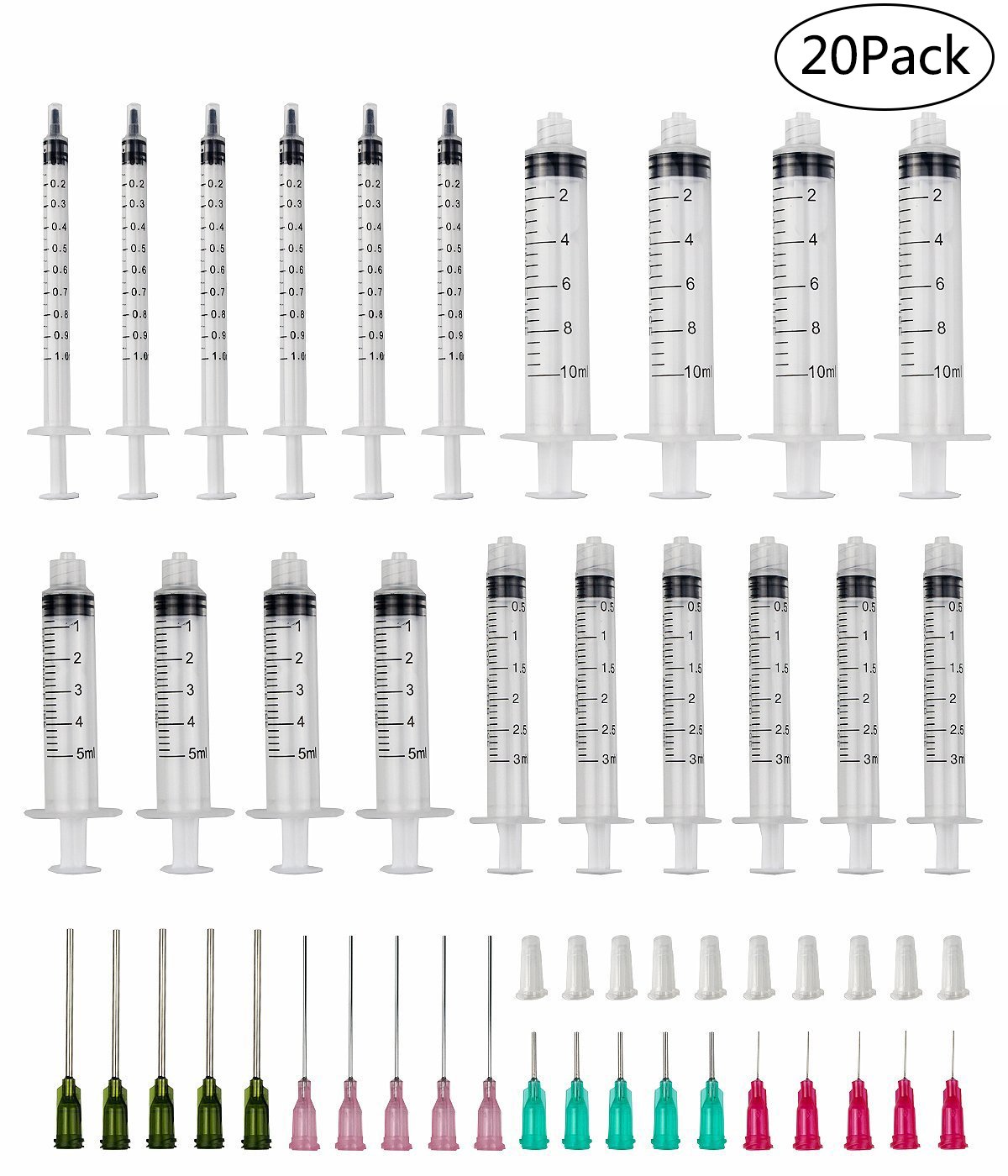 DEPEPE 20pcs 1ml 3ml 5ml 10ml Luer Lock Syringe with 8ga 25ga 14ga and 20ga Blunt Tip Needles and Caps for Oil and Glue Applicator