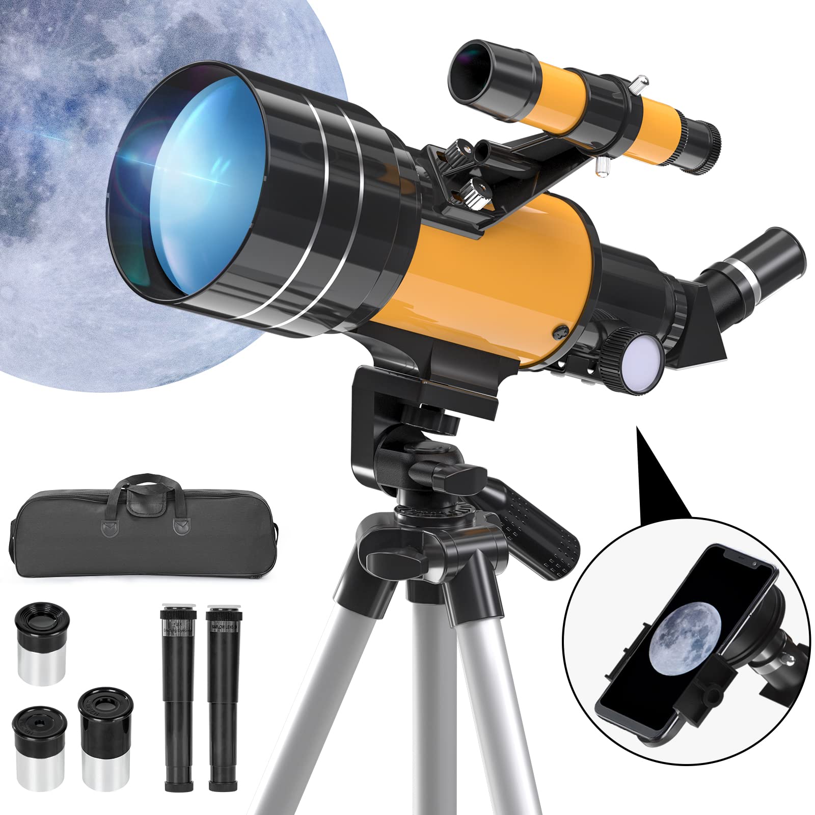 Telescopio Astronómico 70/300mm HD, Telescopio Refractor Portable, con Barlow, Trípode Ajustable y Control Remoto, Buscador para Principiantes, Niños y Aficionados, Observar la Luna, 15-150X