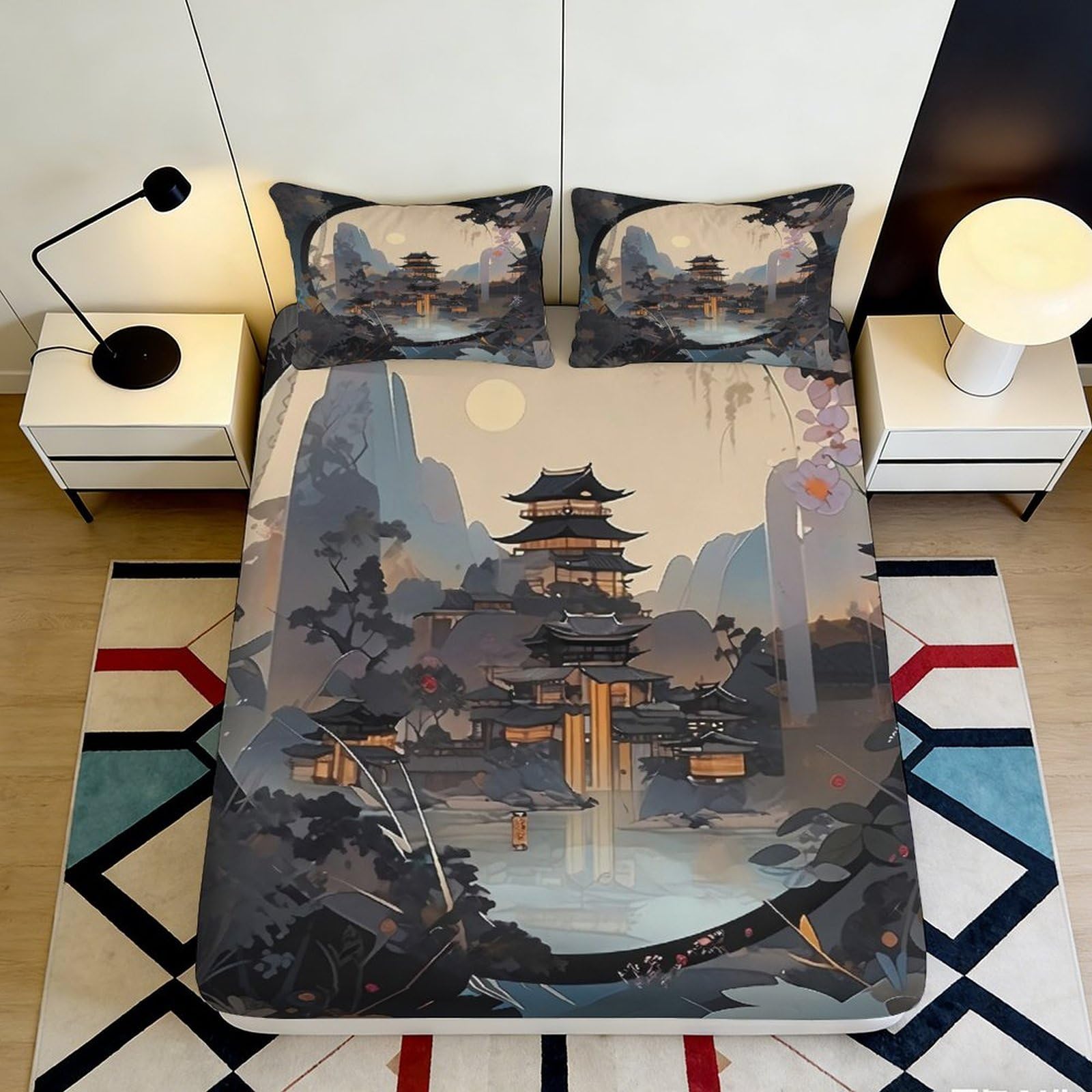 3D Printed Chinese Landscape Fitted Sheet Microfiber Soft Pagoda Mountain Bed Cover for Bedroom Guest Room Decor 90x200x25cm