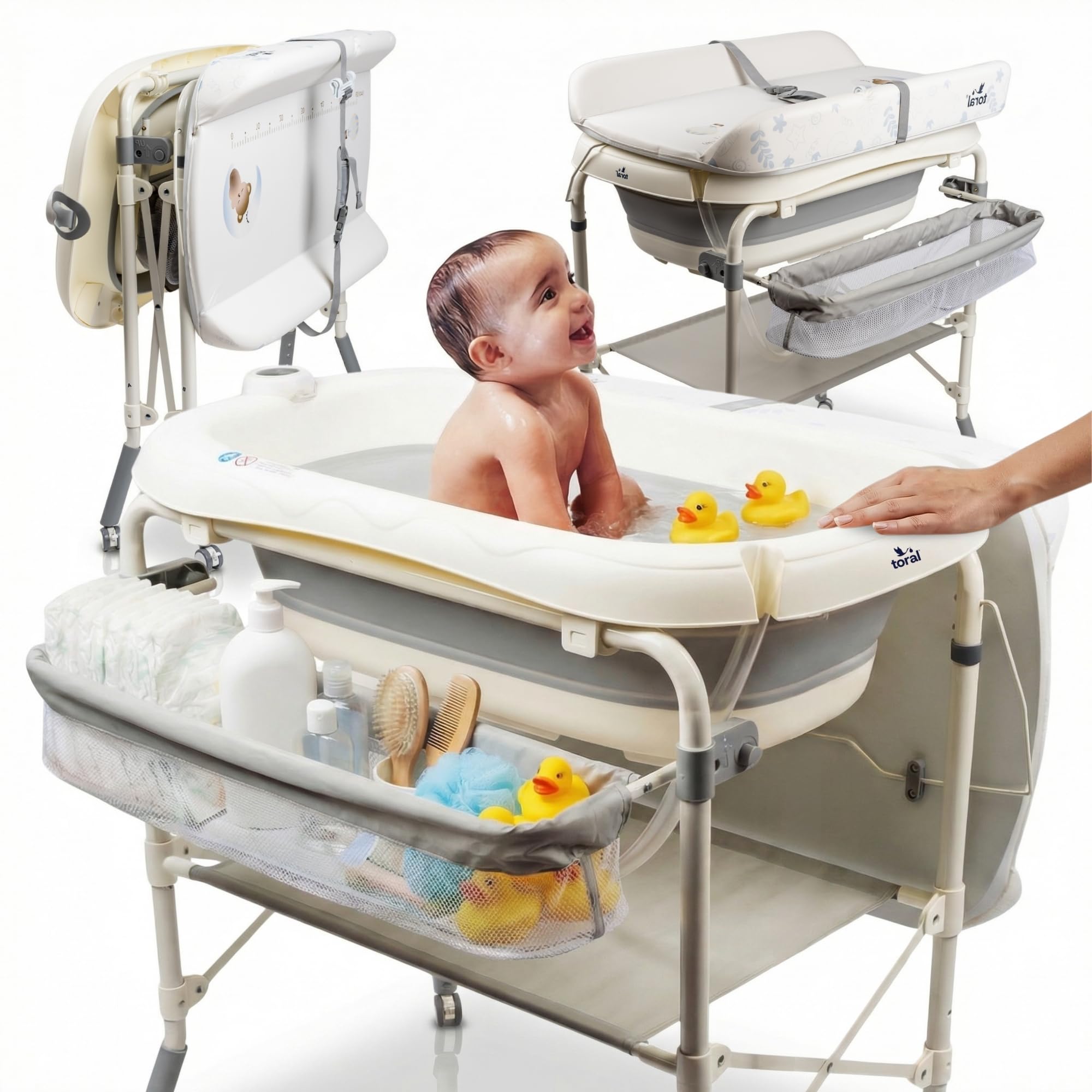 toral Bañera bebe plegable con cambiador y patas regulables - Bañera cambiador bebe plegable con termómetro, ruedas con freno y almacenamiento - Ideal para recién nacidos y bebés hasta 36 meses