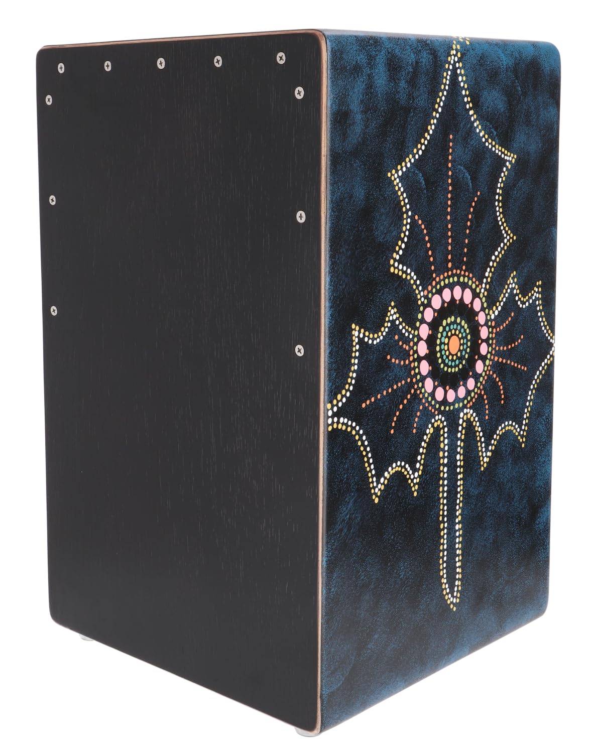 GURU SHOP Cajón de colores, tambor de madera, instrumento de percusión – Dot Art Leaf, azul, 49 x 30 x 30 cm, instrumentos musicales
