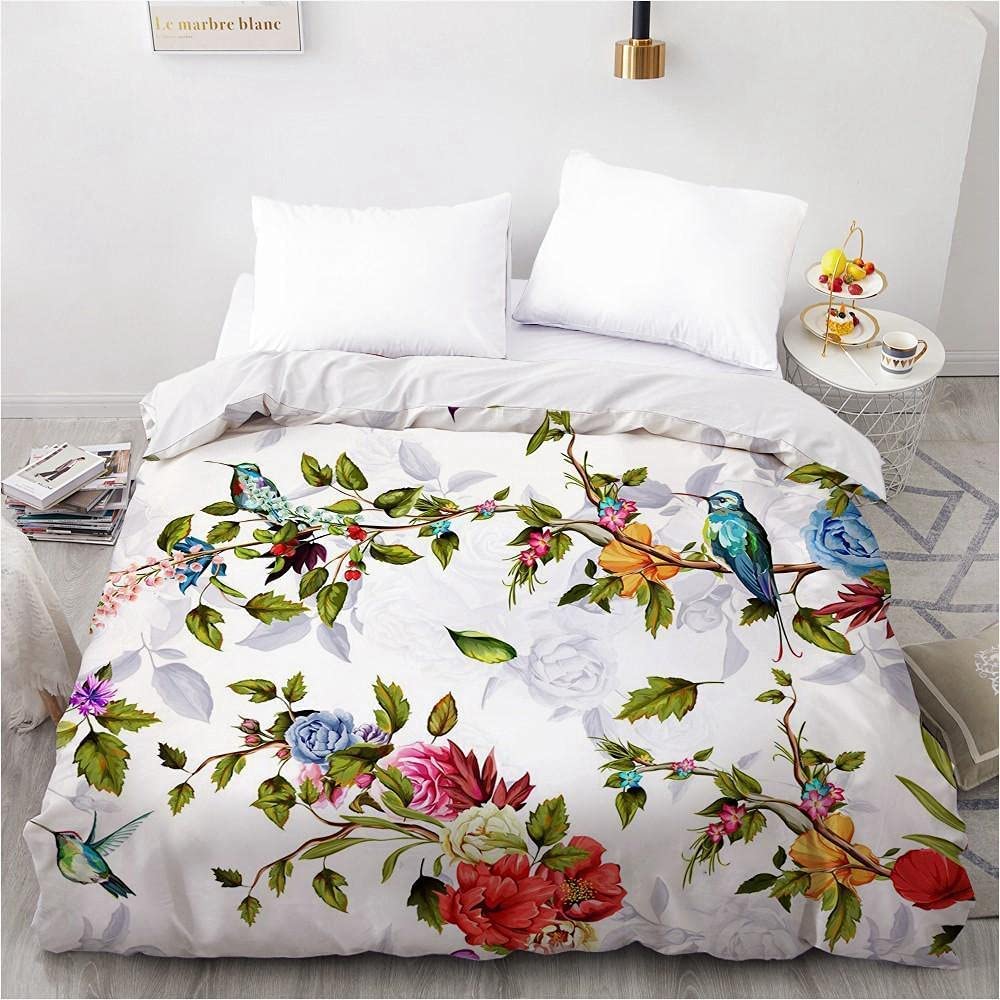 Botanical Queen Size Duvet Cover, Reversible Tropical Birds Quilt Cover with Pattern, Bedding Set Soft Microfibre with Zipper Closure, Washable Comforter Cover and 2 Pillowcases, 228x228 cm, CGD20