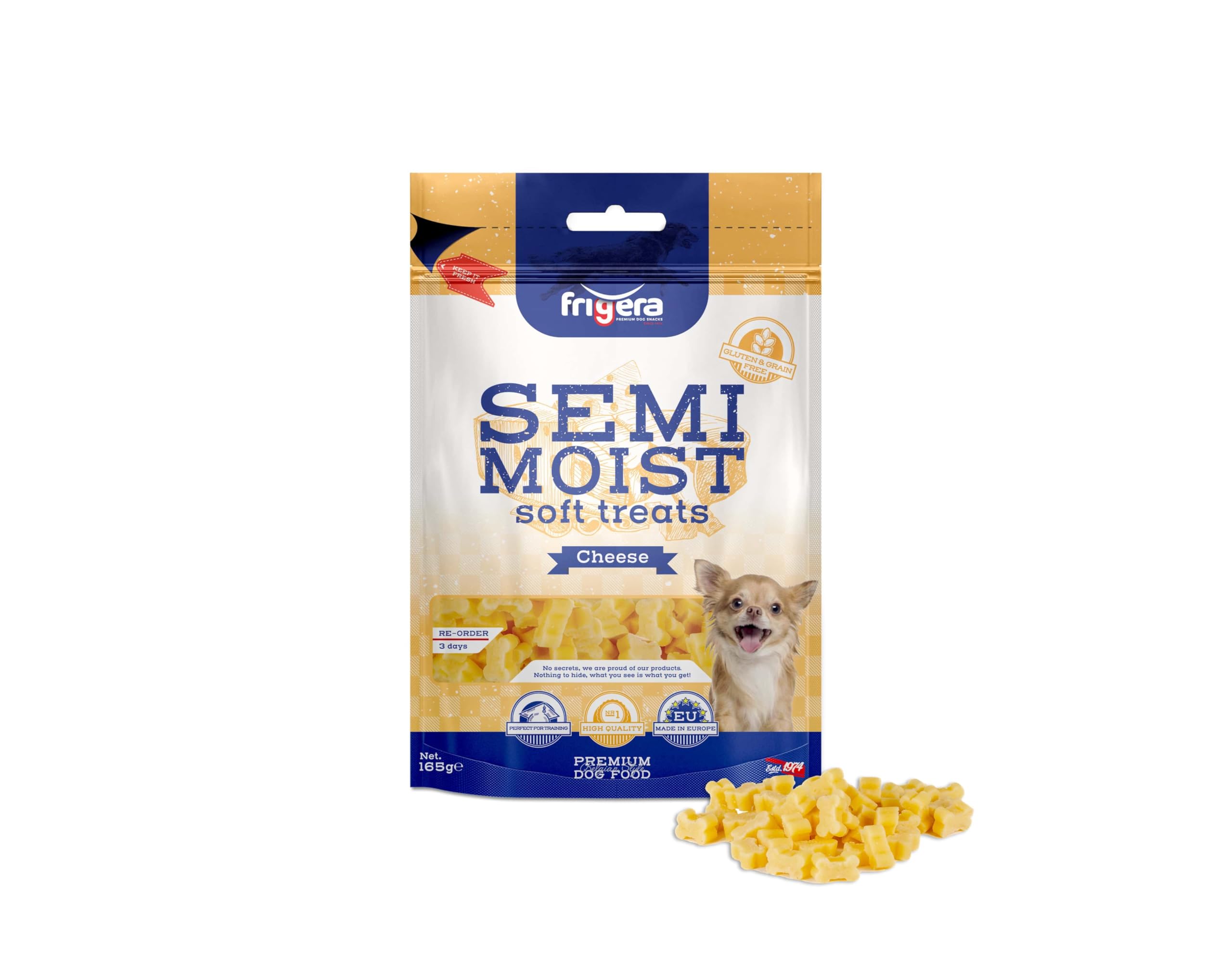 Frigera Semi-Moist Soft Treats Käse 165g - Weiche Hundeleckerlis, Leckere Belohnung für Training & Zwischendurch, Hergestellt in Belgien