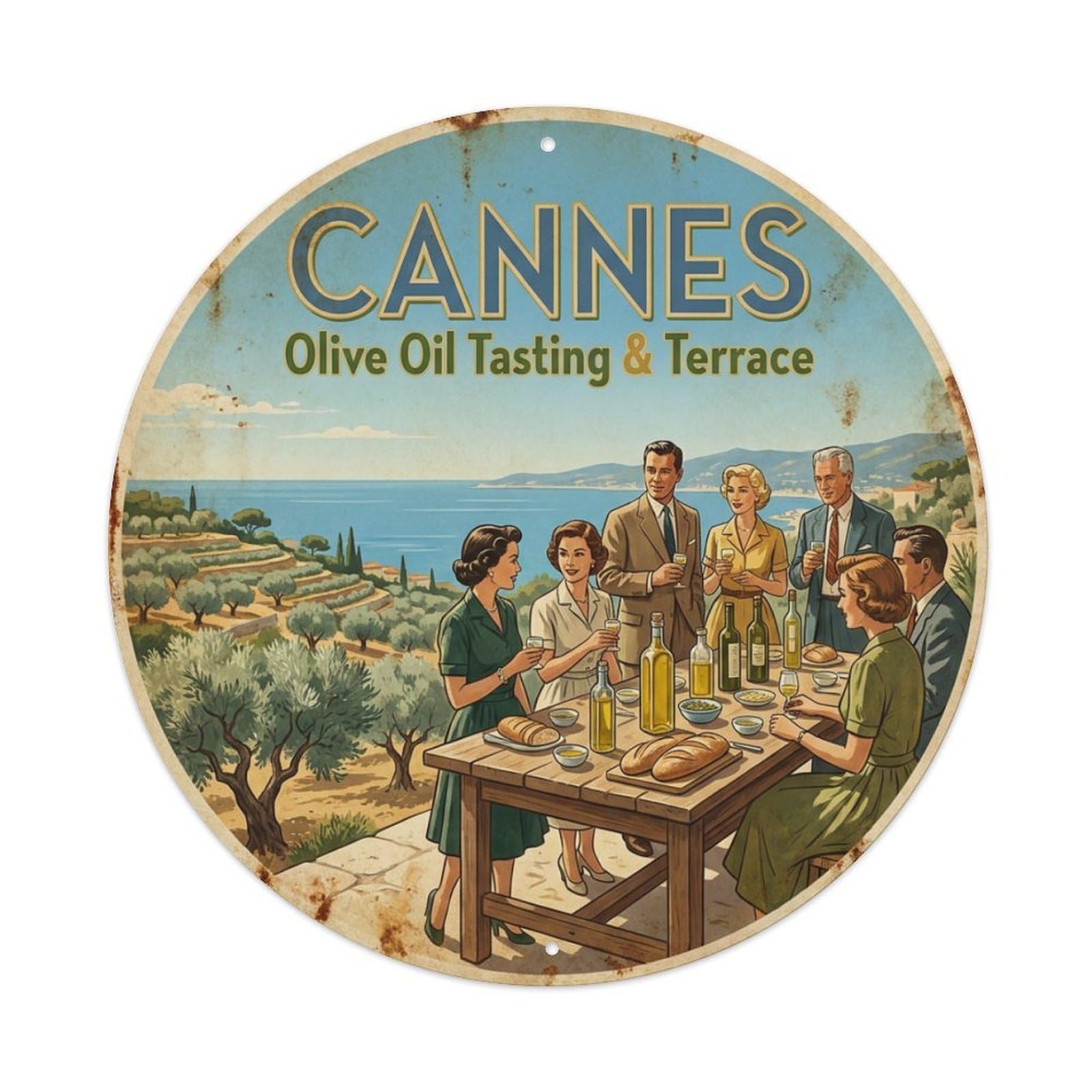 Coastal Travel Olive Oil Tasting Terrace France Cannes Metal Tin Sign