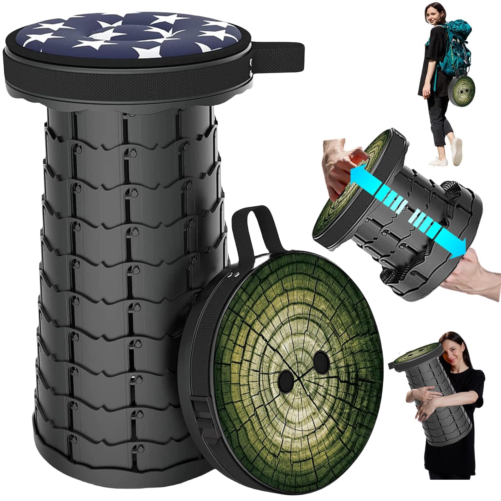 Telescoping Stool with Cushion,Portable Stool Sturdy and Lightweight,Retractable Stool Collapsible Stool Camping Stool for Picnic Fishing Hiking Capacity 440Ib with Carry Bag Carabiner