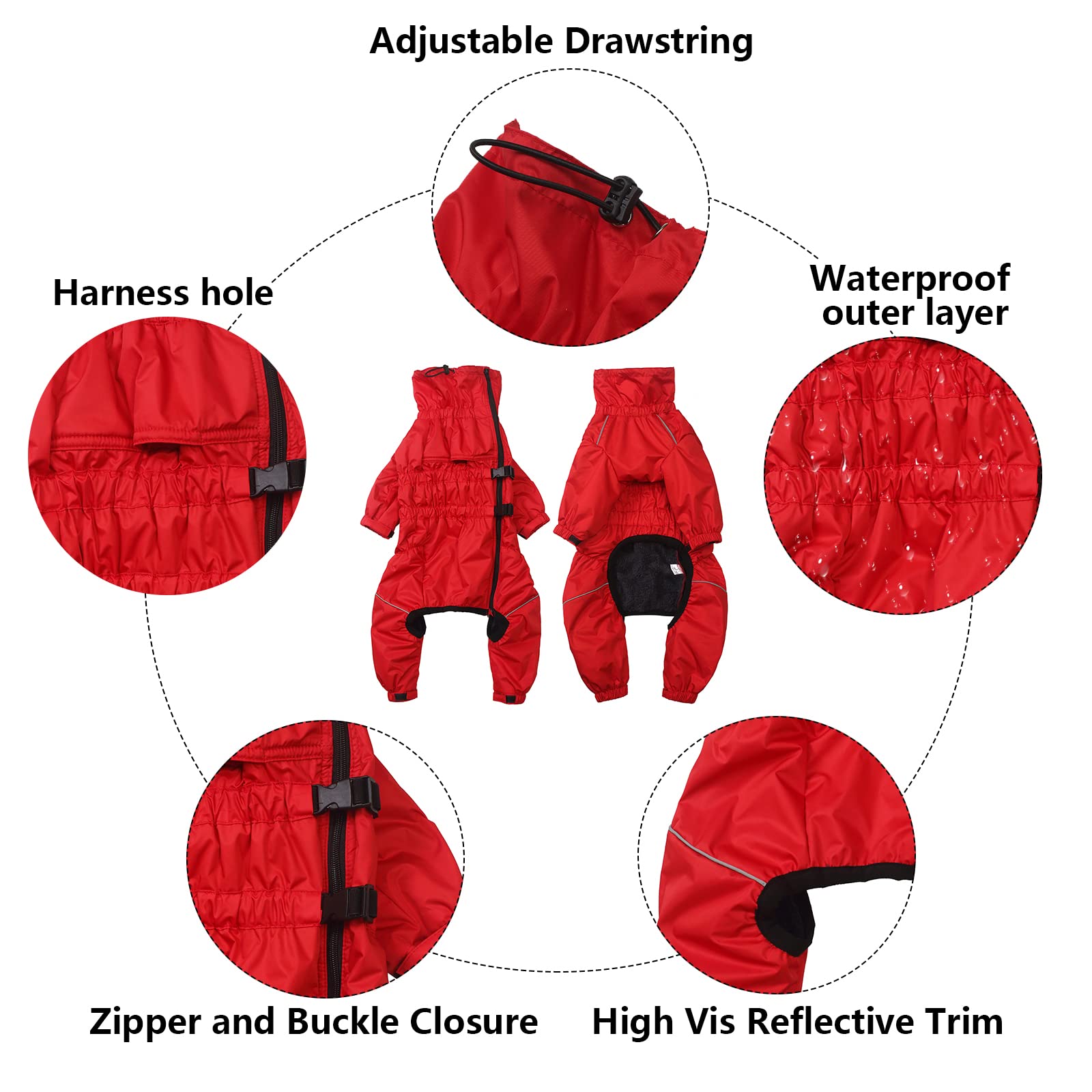 Extensible Manteau d'hiver avec Jambe pour Chien, Chien Manteau imperméable avec Polaire doublée et col Montant Coupe-Vent, pour Petite et Moyenne Chiens-Rouge-L