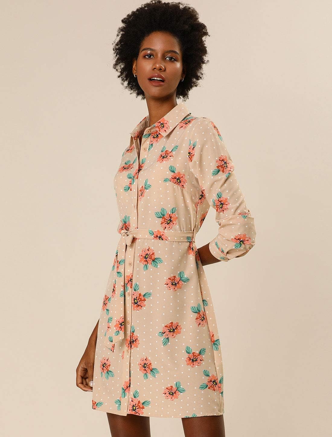 Allegra K Women's Button Down Vintage Polka Dots Dresses Collar Tie Belted Floral Shirt Dress - Image 3
