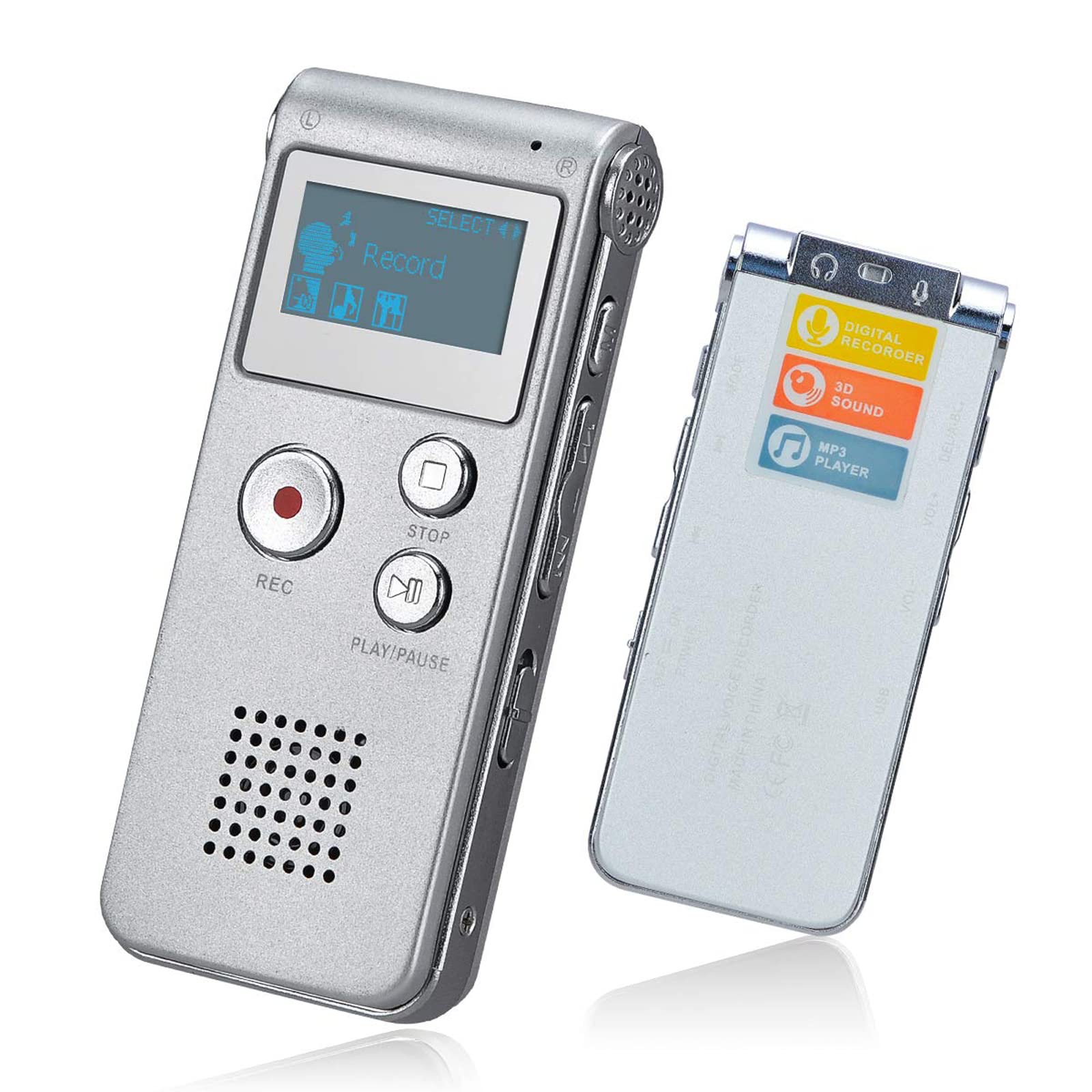 Lychee Professionale Registratore Vocale Digitale Portatile, 1536kbps,8 GB Multifunzionale USB Digital Audio Voice Recorder con Lettore MP3 (Argento)