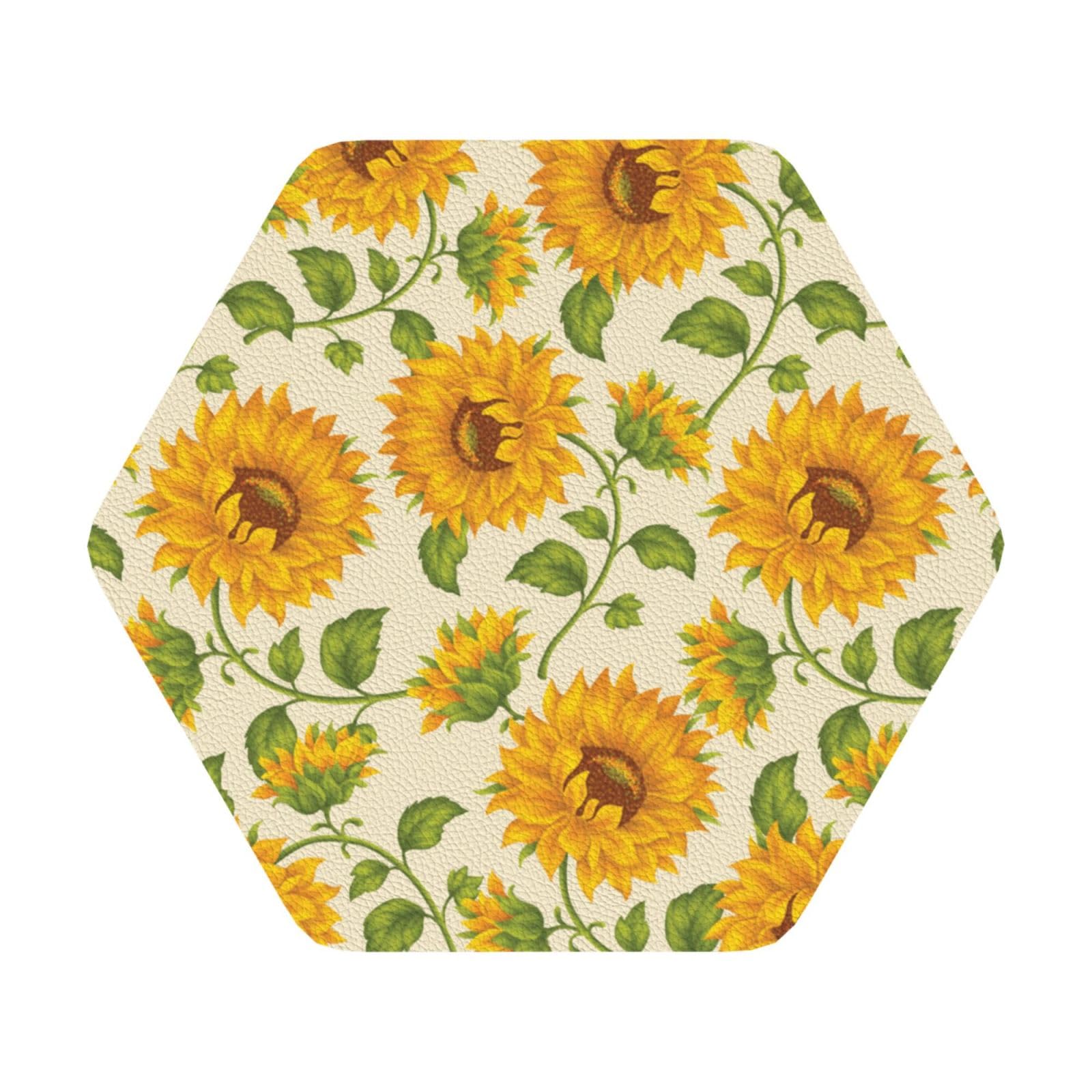 Fresh sunflower PU Leather Coasters Set of 6 Hexagon Drink Coasters