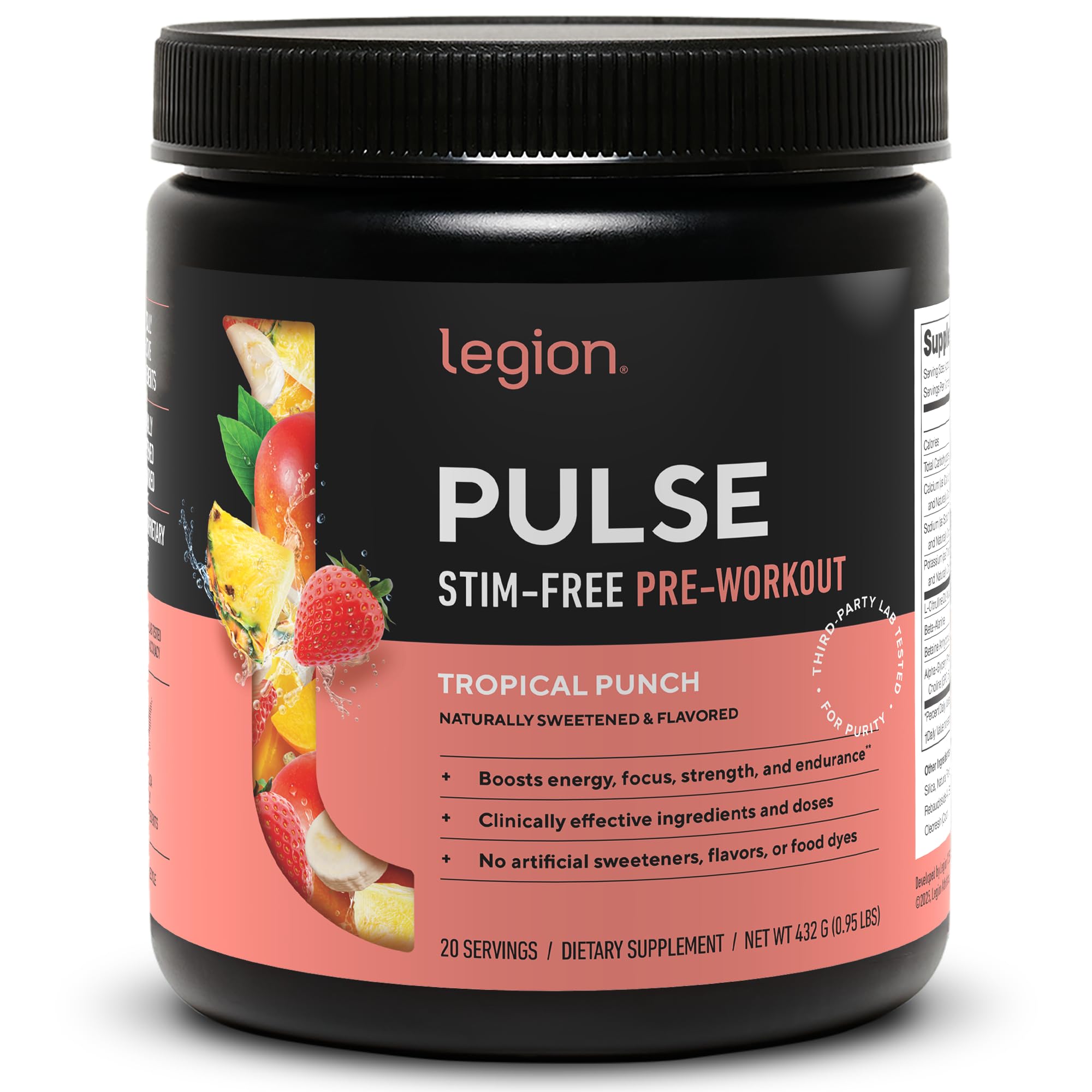 LEGION Pulse Pre Workout Supplement - All Natural Nitric Oxide Preworkout Drink to Boost Energy, Creatine Free, Naturally Sweetened, Beta Alanine, Citrulline, Alpha GPC (Caffeine Free Tropical Punch)