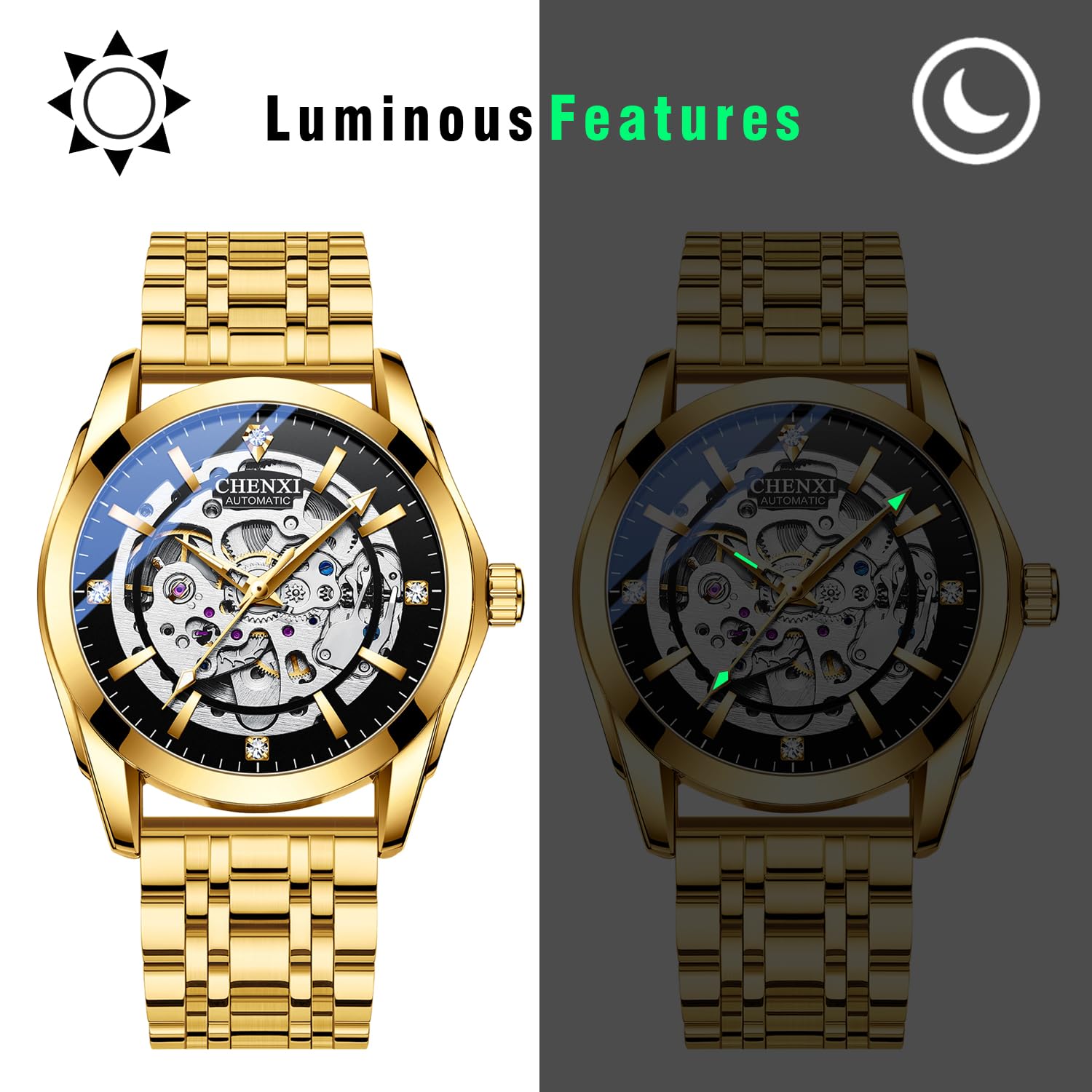 JewelryWe Automatyczne zegarki dla mężczyzn: samonakręcające się mechaniczne markery diamentowe 36-godzinna rezerwa mocy świecące wskazówki 3 ATM wodoodporny odpinany zegarek na rękę ze stali