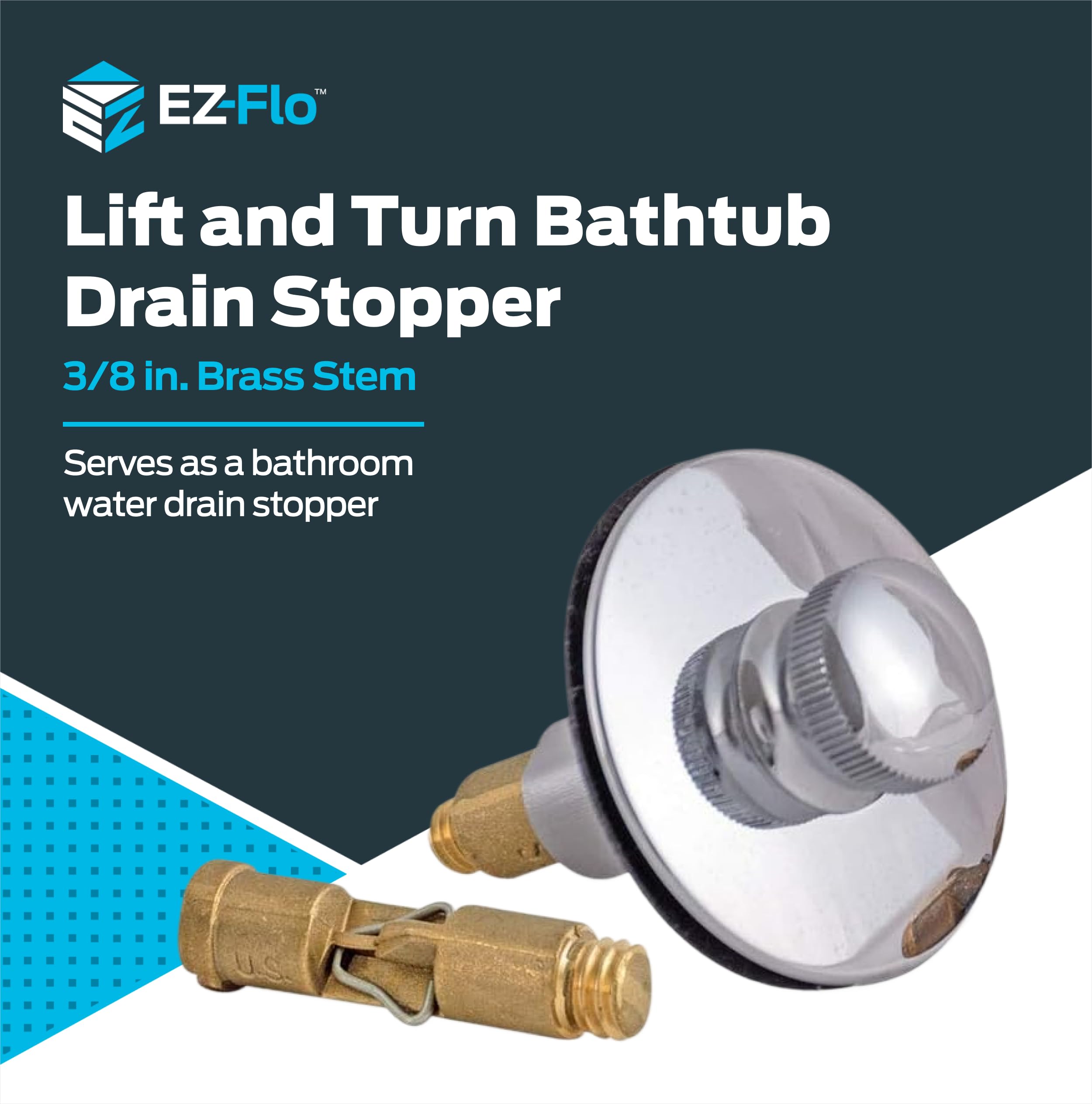 EZ-FLO Bathtub Drain Stopper, Lift and Turn Tub Drain Replacement with Rubber Seal, 3/8 Inch Brass Stem, Chrome Plated, 35255