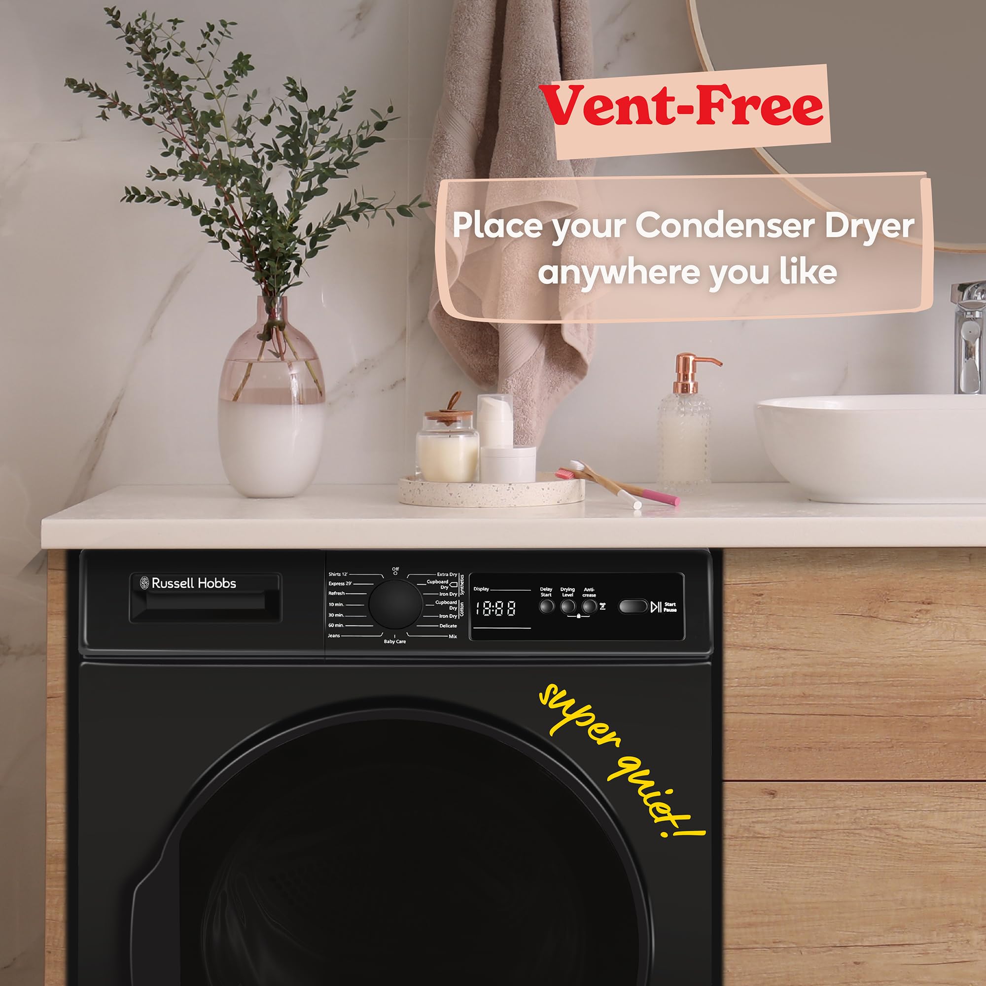 Russell Hobbs Freestanding Condenser Dryer Electric Tumble Dryer 15 Programmes 8kg Capacity 3 Heat Settings LED Display DelayStart Anti-Crease Child Lock Black Clothes Dryer RH8CTD111B — view 8