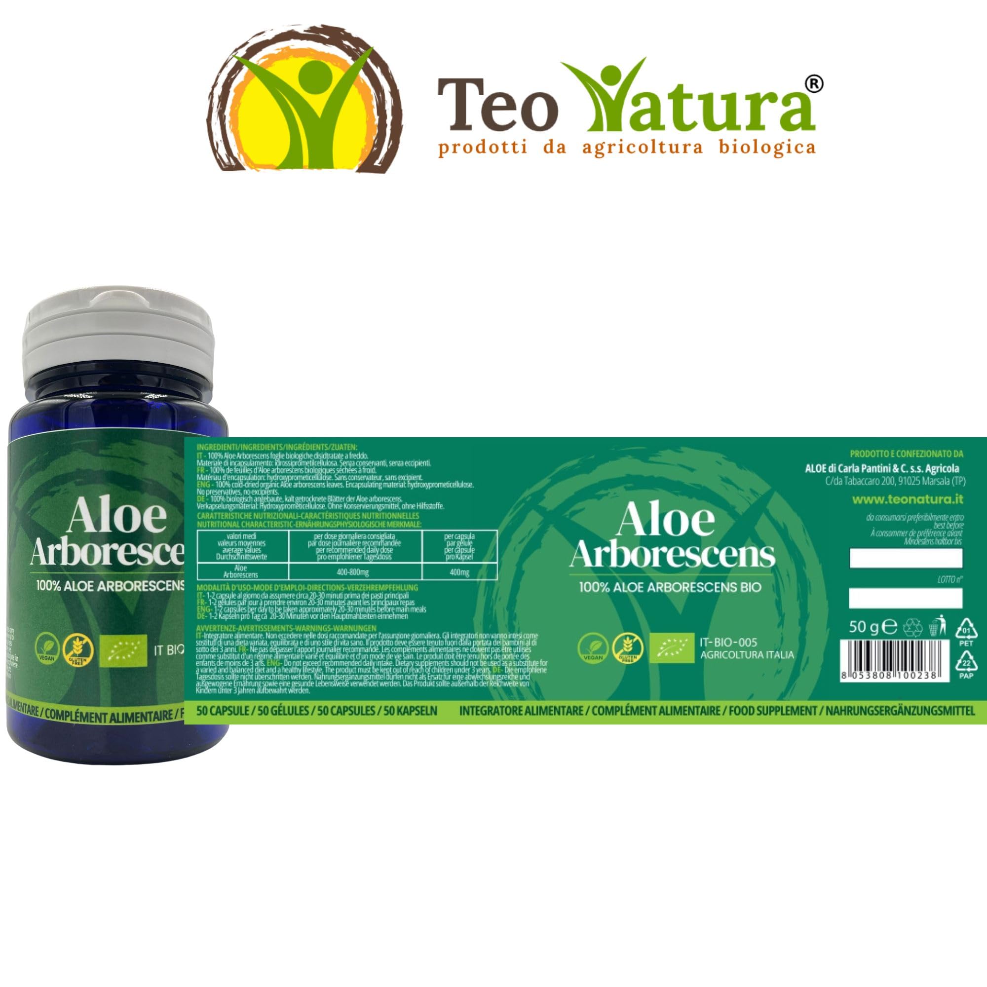 TeoNatura Integratore Alimentare di Aloe Arborescens - 100% Biologico Made in Italy - 50 Capsule