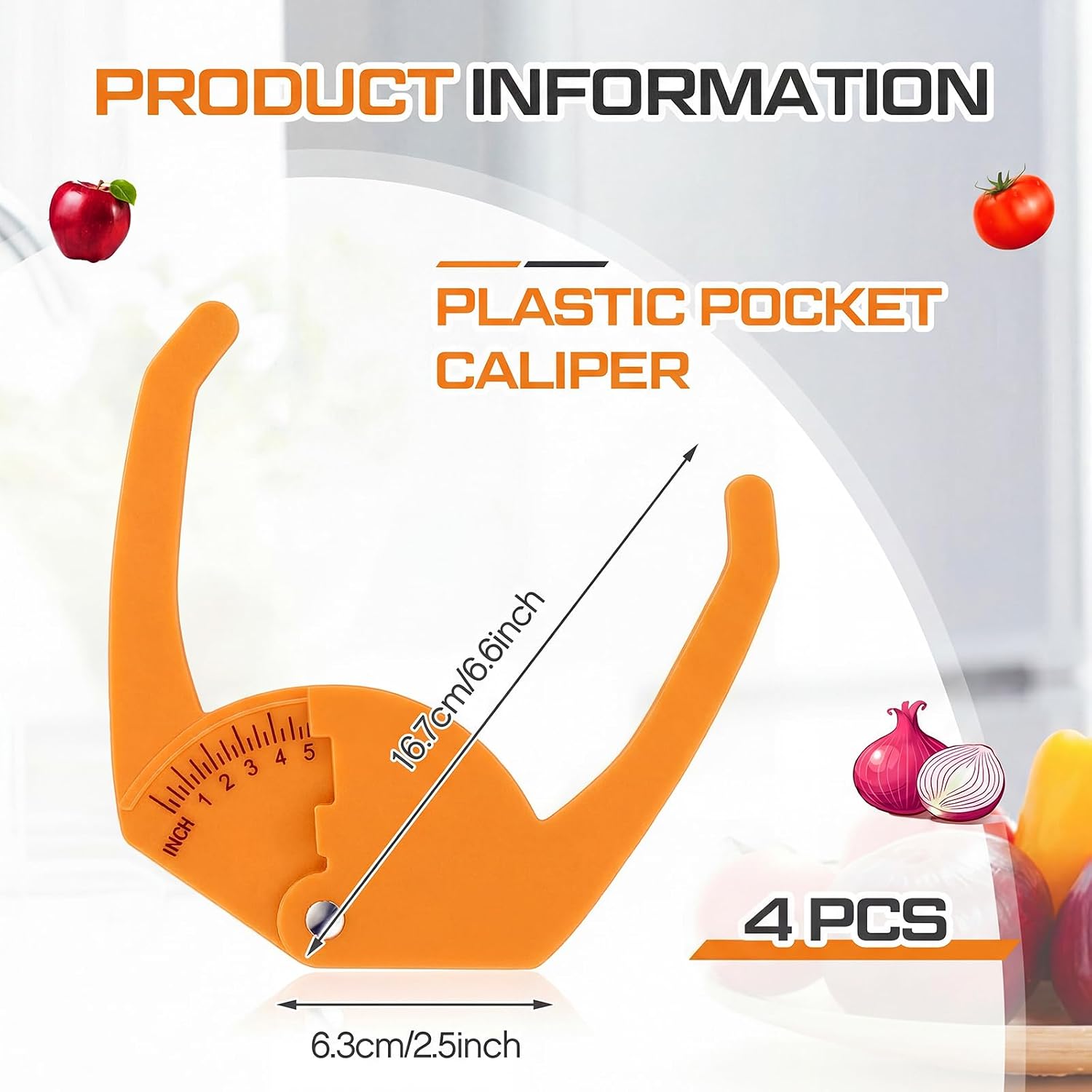 4 Pcs Plastic Pocket Caliper 7" Range Tree Caliper Measuring Tool for Onion, Fruit and Vegetable Diameter Measurement, 1/4 Inch Scale, Red, Easy to Read, Portable to Carry (Orange)