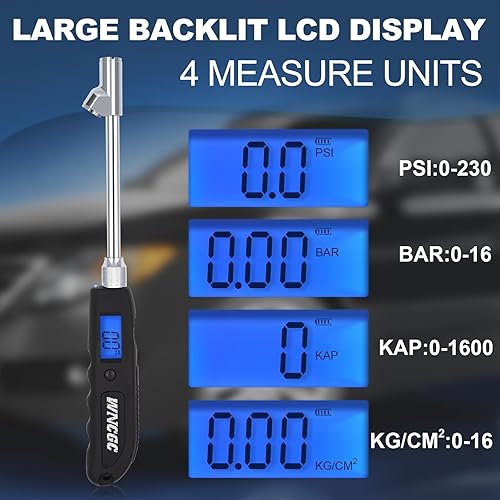 Miniatura 3 de Paquete de 2 medidores digitales de presión de neumáticos, 230 PSI, 4 modelos, resistente de doble cabezal de acero inoxidable, medidor de presión