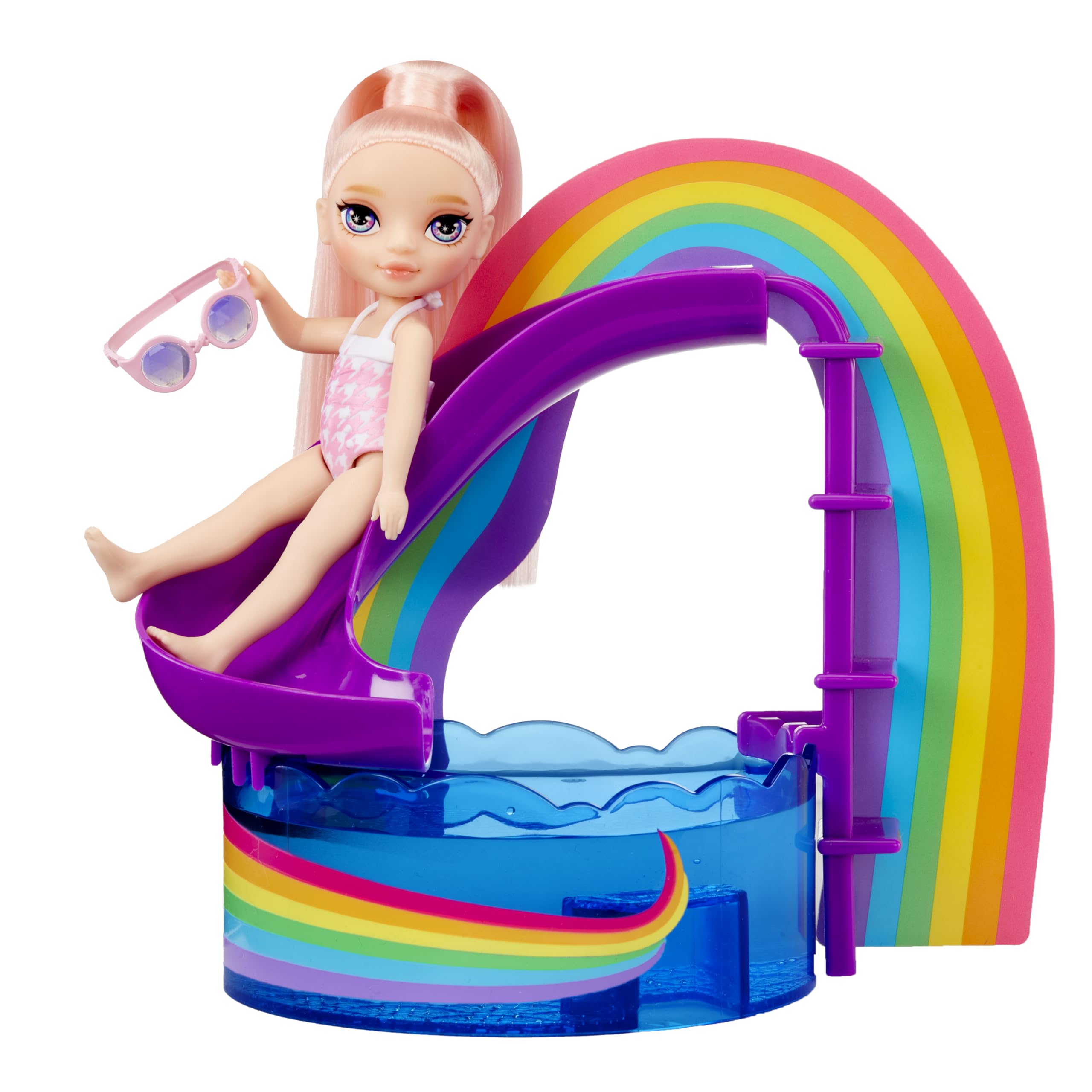Rainbow High Littles Pool Day with Blush Playset – W Zestawie Mała Różowa Laleczka (14 cm), Basen z Tęczową Zjeżdżalnią, Akcesoria, Stoisko z Koktajlami, dla Dzieci w Wieku 4+