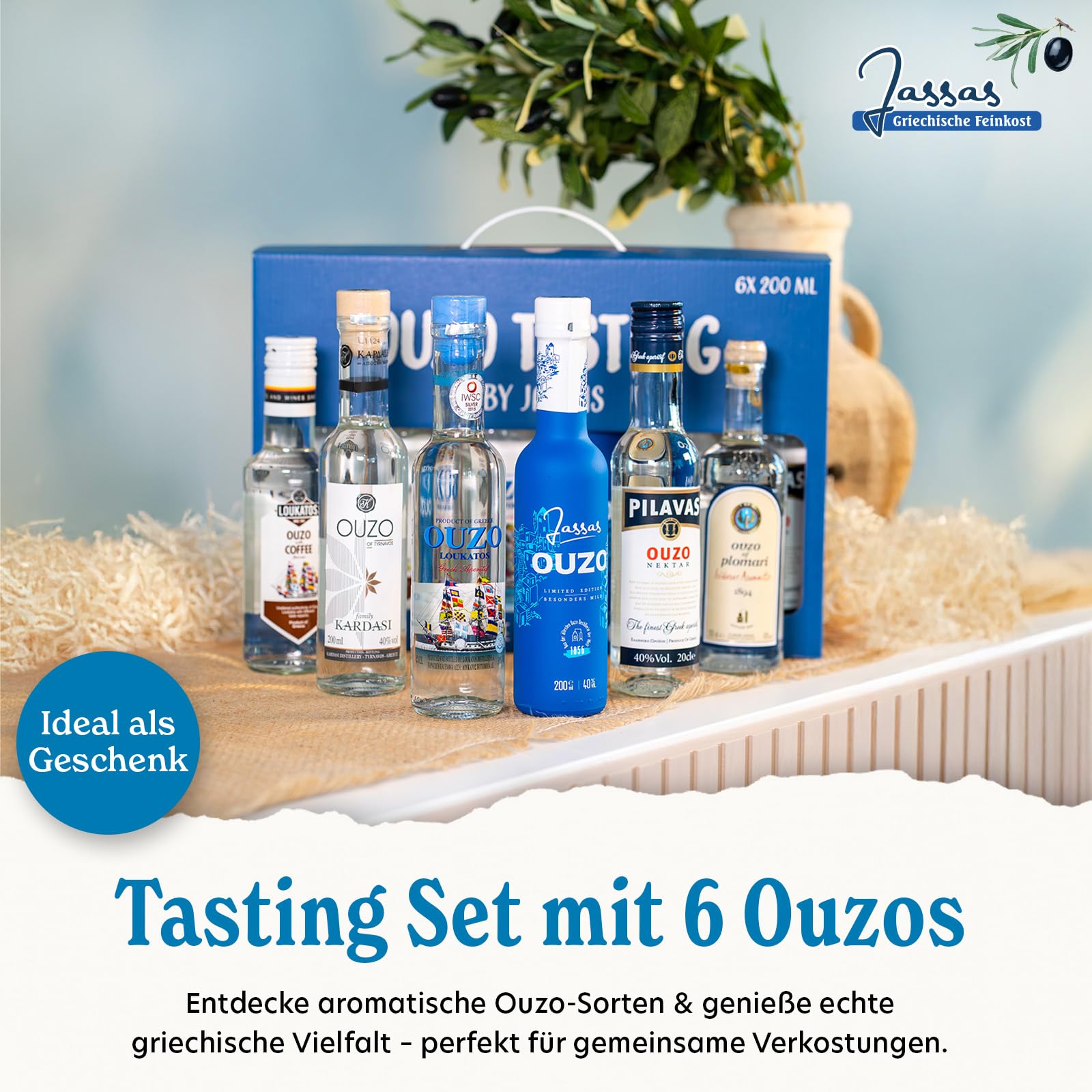 Jassas Ouzo Tasting Set 6x200ml Variante 1 - Probierset mit 6 Sorten - feinste Spirituosen in praktischer Geschenkbox - traditioneller Familienbetrieb