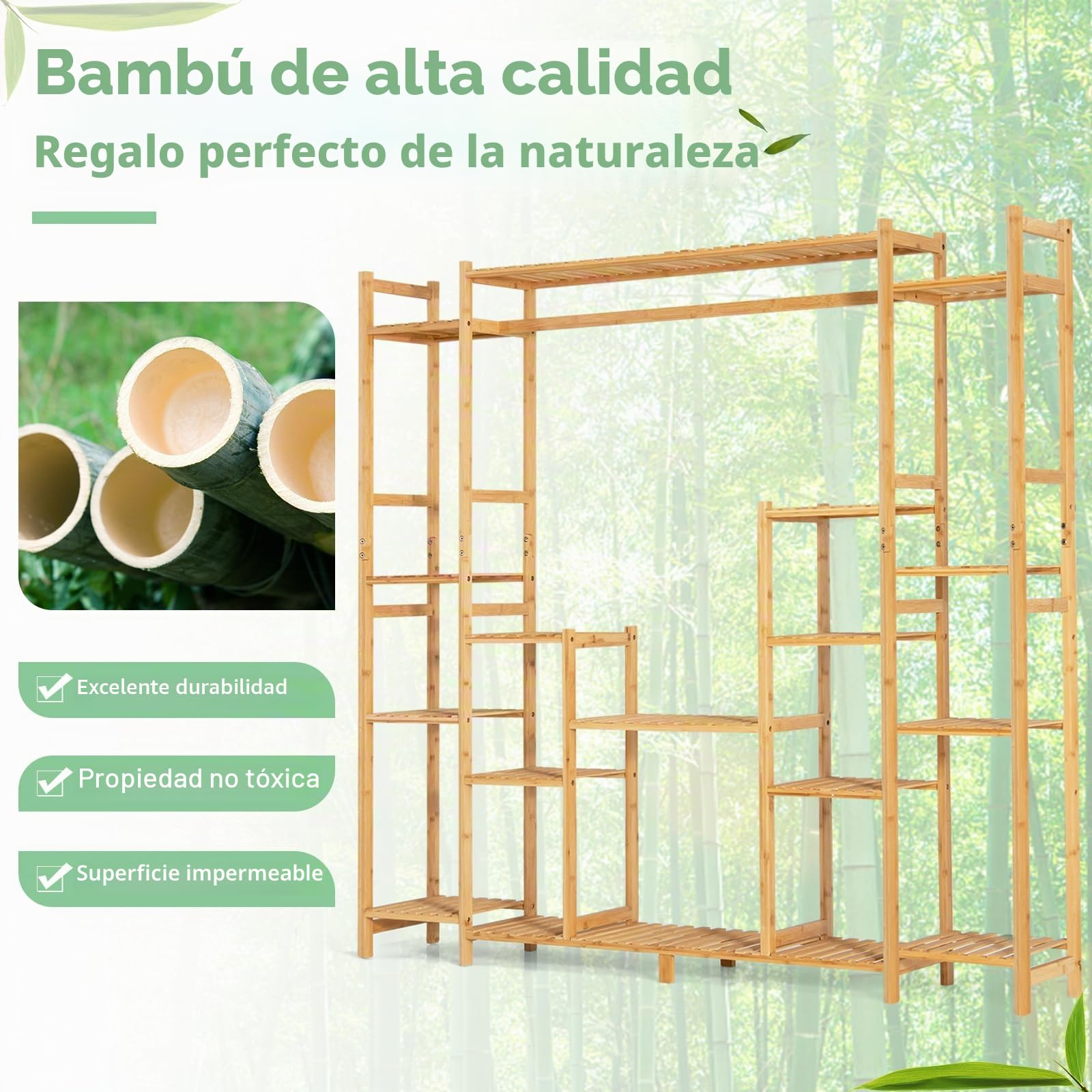 HOMASIS Estantería para flores con 18 estantes y barra colgante, estantería para plantas de bambú, soporte para plantas, soporte para plantas, para salón, 167 x 30 x 166 cm