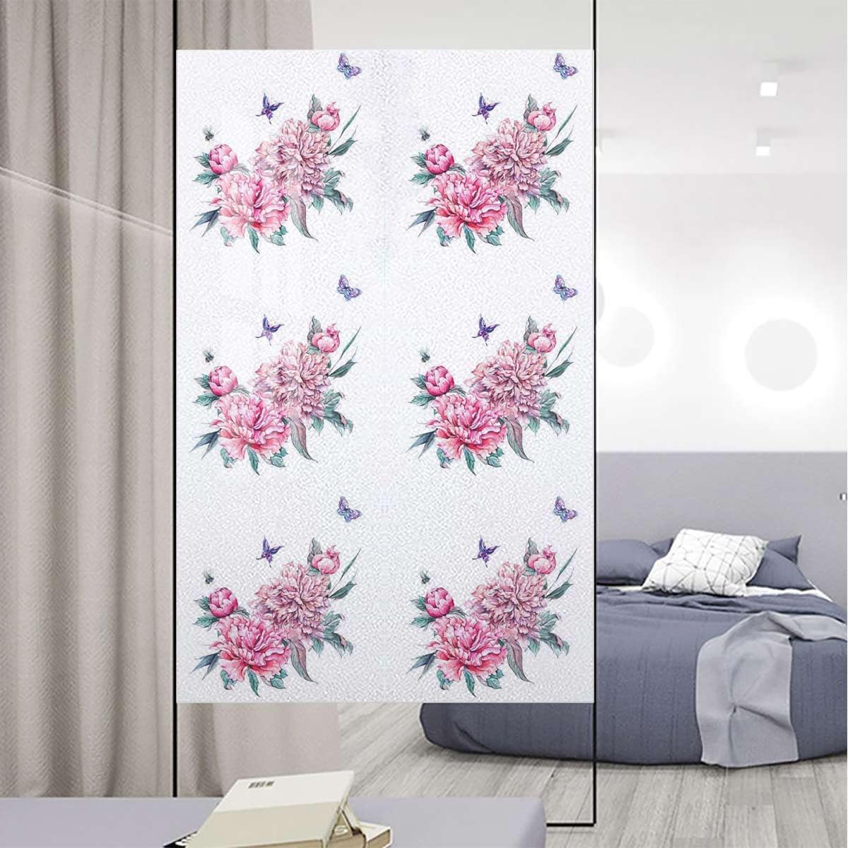 Pink White Window Sticker Non-Adhesive Glass Film Summer Flora Watercolor Garden Frosted Window Stickers Static Cling Window Film Romantic 35.4Wx59L-inch