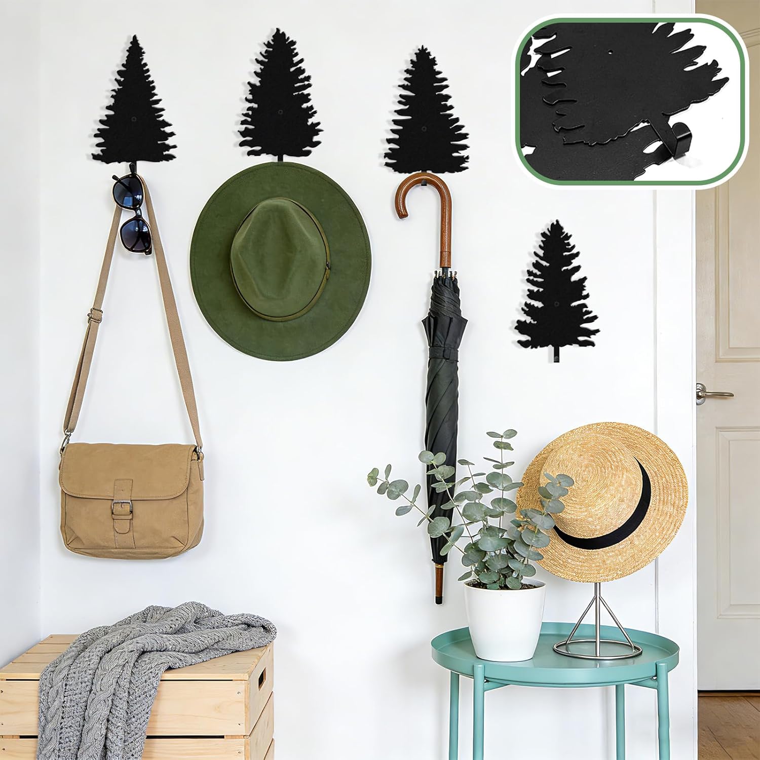Pine Tree Coat Hooks Black Metal Tree Wall Mounted Hooks Clothes Key Backpack Wall Mount Rack Hanger Rustic Bathroom Decor Hanging Holder Towel Hat Hook for Living Room Bedroom Hallway
