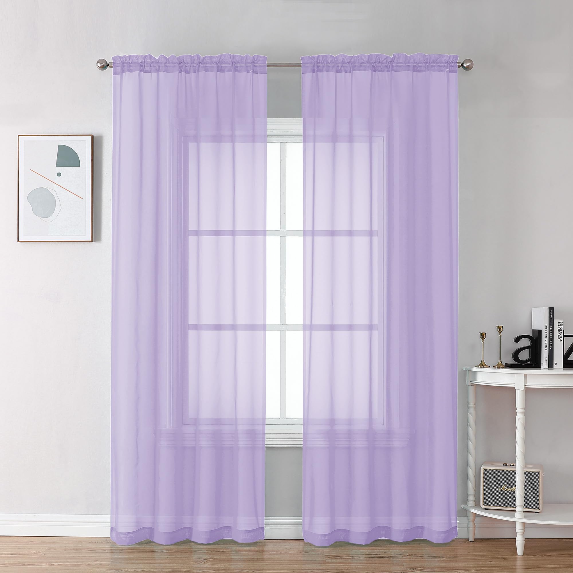 Chyhomenyc Lilac Sheer Curtains 72 Inch Length 2 Panels, Light Filtering Soft Airy Rod Pocket Voile Window Curtain Drapes for French Door Bedroom Living Room, Each 42Wx72L Inches