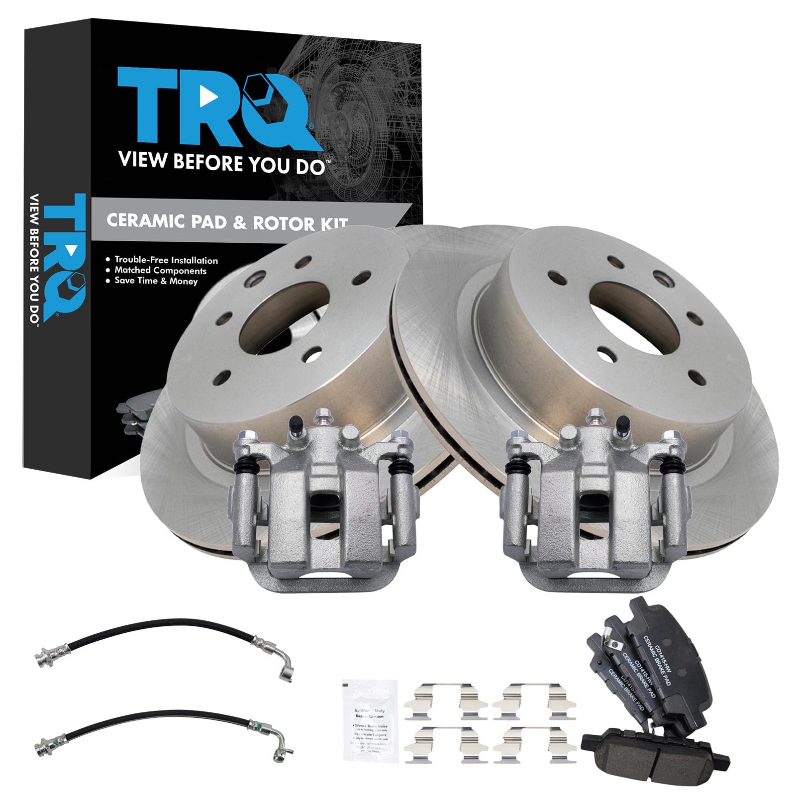TRQ Rear Brake Pad and Rotor Set Ceramic Calipers Compatible with 2003-2005 Infiniti G35 Nissan 350Z