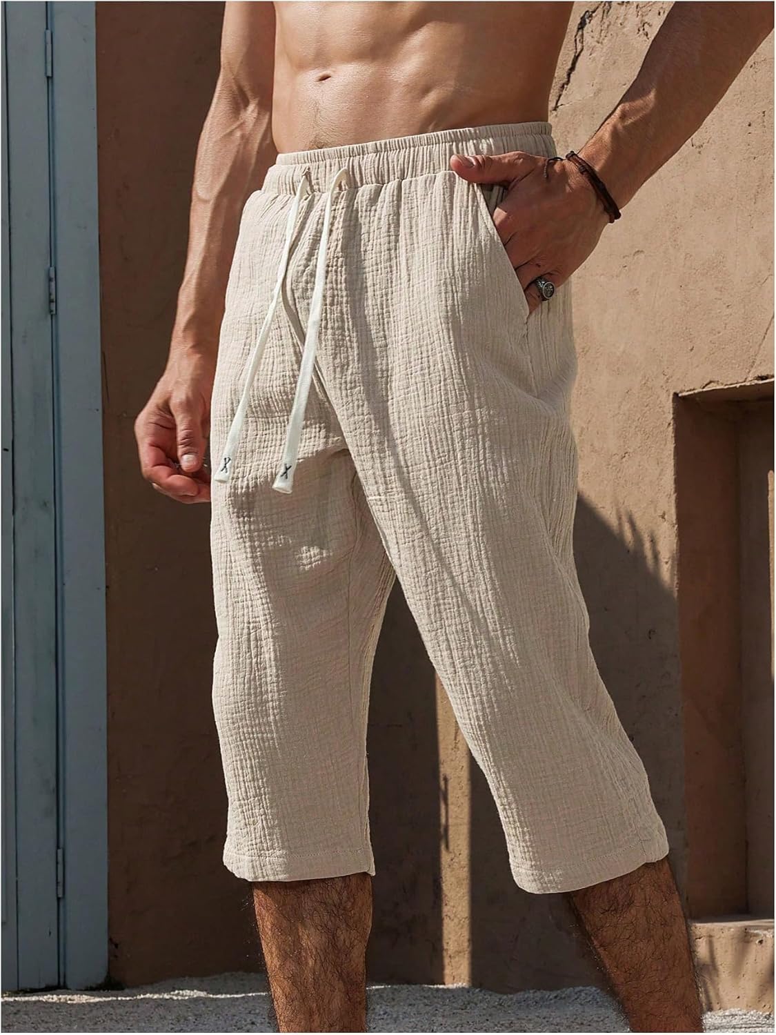 SHENHE Men's Capri Pants Casual Lightweight Drawstring Elastic Waist Summer Beach 3/4 Pants - Image 5