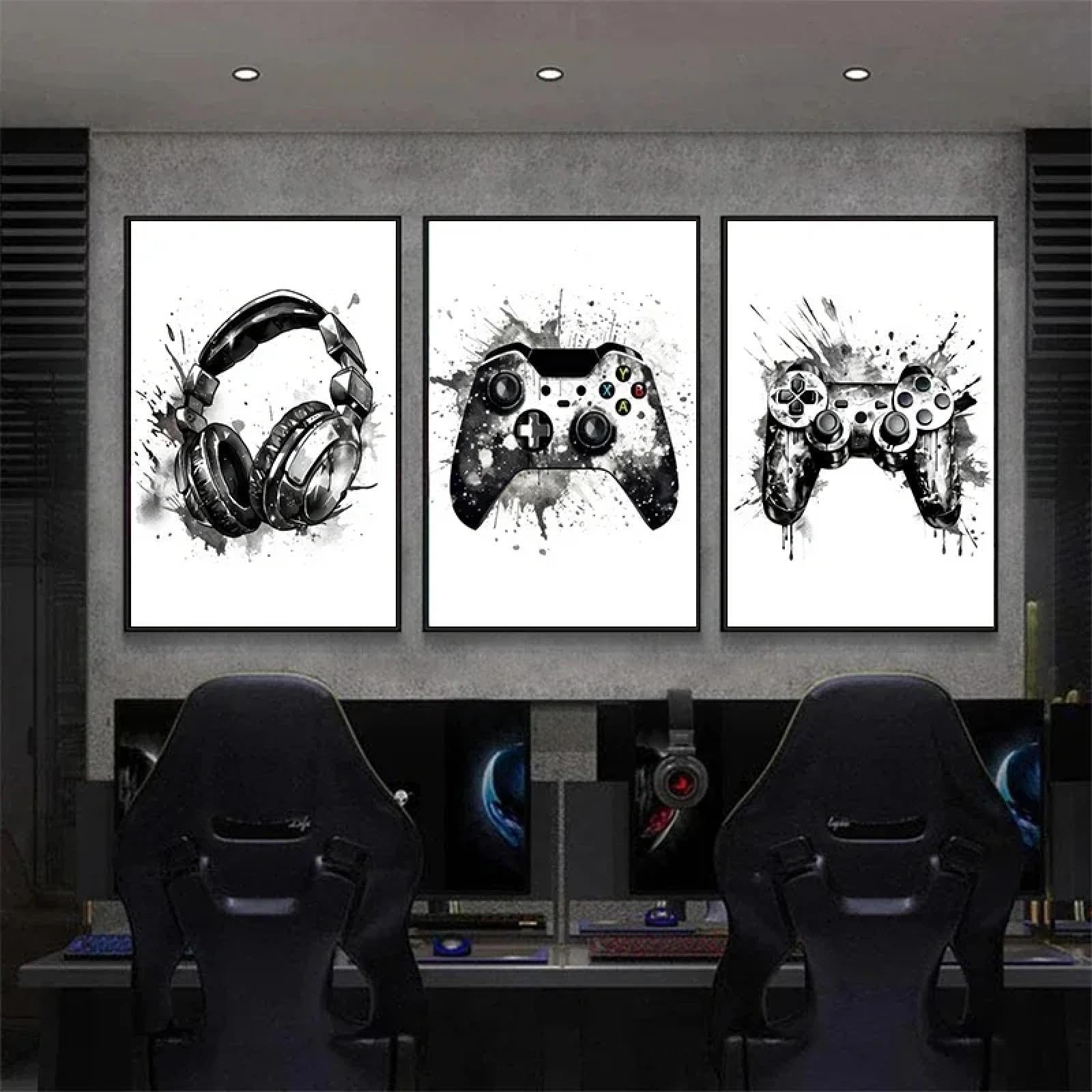 Póster de controlador de videojuegos en tinta en blanco y negro, pintura en lienzo para entusiastas de los videojuegos nórdicos, decoración de pared para habitación de niños, 60 x 90 cm x 3, sin marco