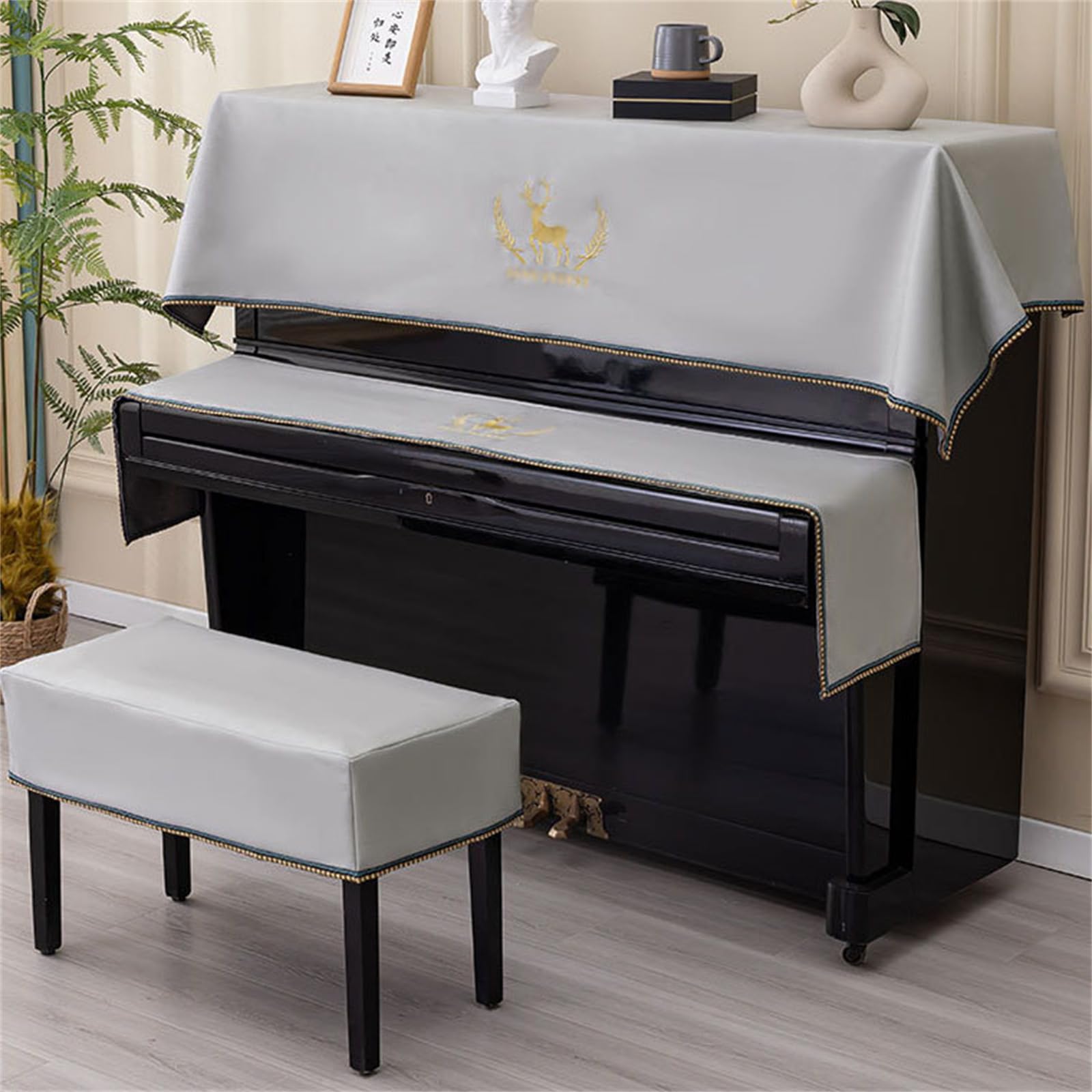 Copertura antipolvere in tessuto per tastiera del pianoforte, copertura protettiva universale per pianoforte verticale con ricamo di cervi, copertura protettiva universale per pianoforte verticale con
