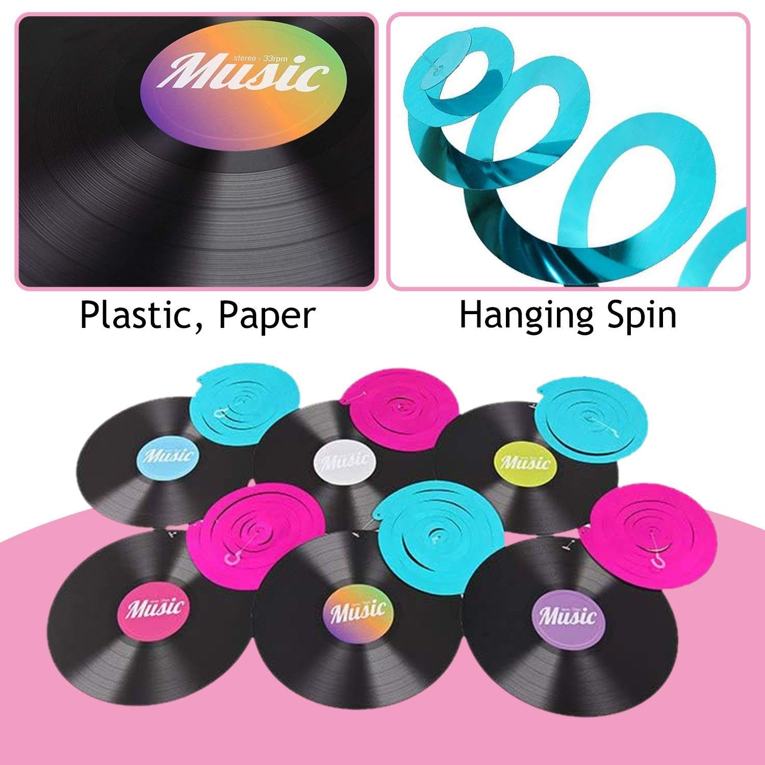 Set di Decorazioni da Appendere A Spirale per Dischi di Musica Rock da 12 Pezzi, Decorazioni per Feste, Decorazioni per Dischi in Vinile, Dischi Decorativi per Feste in Discoteca