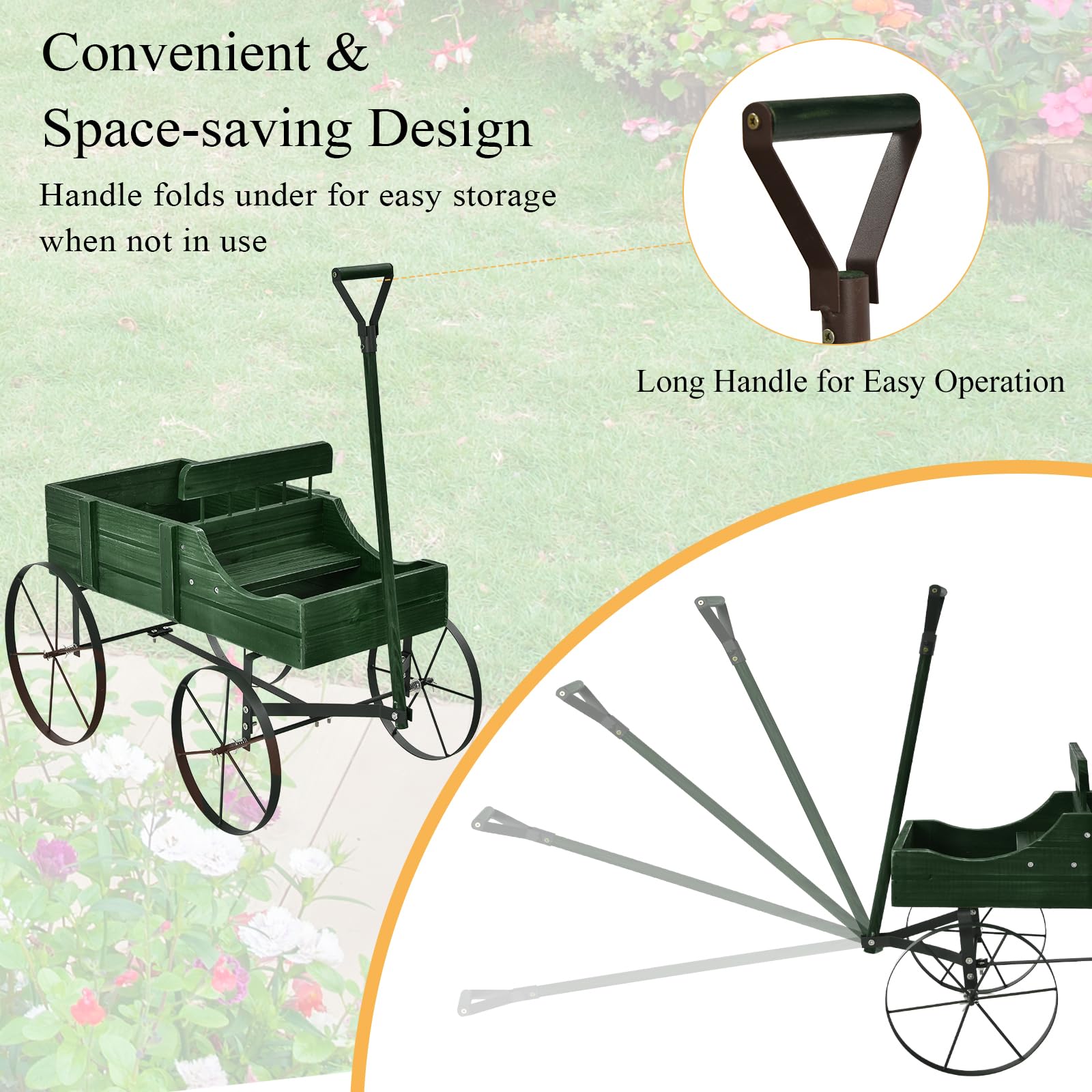 HOMASIS Carriola da Giardino in Legno, Carretto per Piante con Ruote Metalliche e 2 Scomparti, Vaso a Forma di Monociclo Decorativo per Giardino, Terrazza, Patio, 63x35x62,5cm (Verde)
