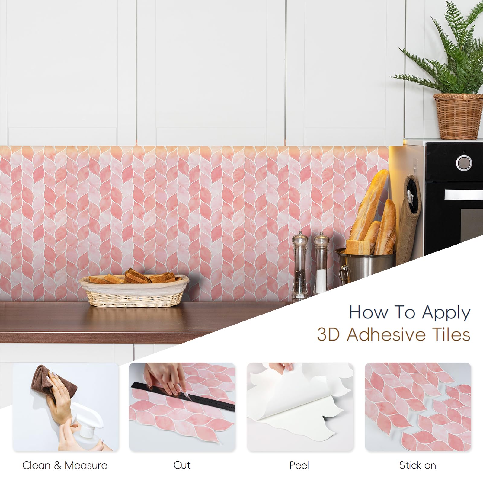 HOMEART Piastrelle autoadesive rosa per paraschizzi, autoadesive, adatte agli affittuari, per cucina e bagno (10 fogli)