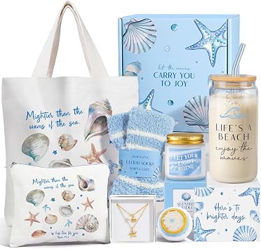 Gifts for Women, 8pcs Ocean Happy Birthday Gifts for Women, Christmas Ideas Inspirational Get Well Soon Gift Baskets Mothers Day Box w/Seashell Tote Bag for Her Mom Sister Friend Friendship