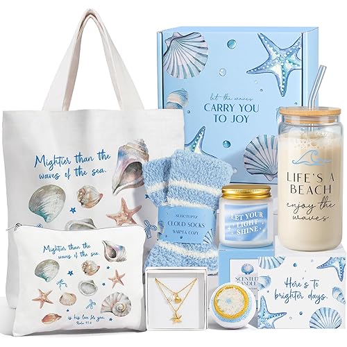 Gifts for Women, 8pcs Ocean Happy Birthday Gifts for Women, Christmas Ideas Inspirational Get Well Soon Gift Baskets Mothers Day Box w/ Seashell Tote Bag for Her Mom Sister Friend Friendship