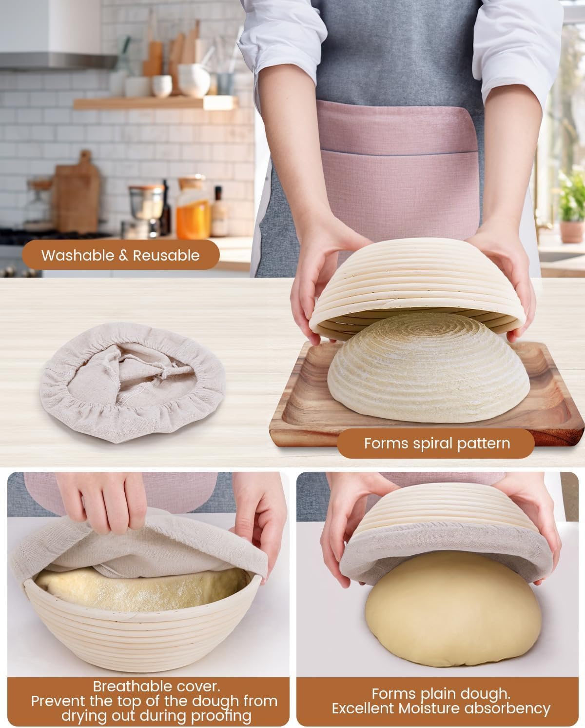 Gärkorb Set,Brot Gärkörbchen aus Peddigrohr zum Brot backen,Gärkörbchen Rund & Oval 2er Set,Gärkorb Brot mit Teigschaber für Heim- und Professionelle Bäcker